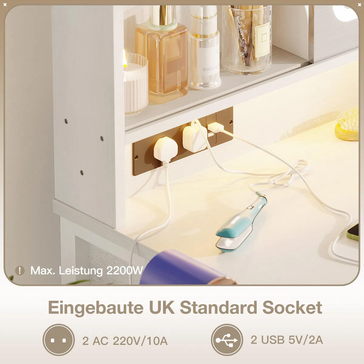 ODK Schminktisch mit Bewegbarem LED-Spiegel, Eingebauten USB-Steckdosen & RGB-Lichtleiste, 8 Schubladen, Weißer Schminktisch 110×40×137cm