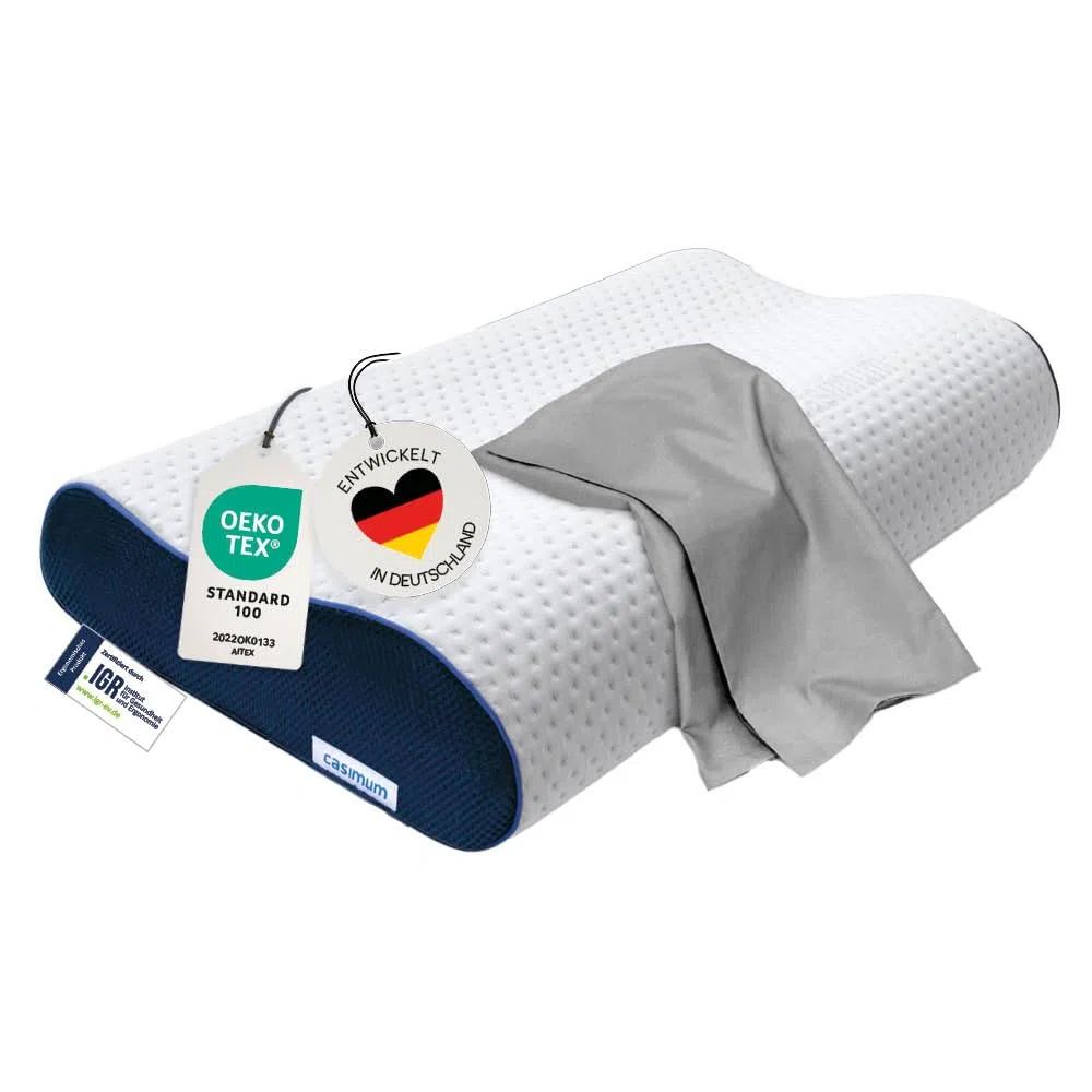 Orthopädisches Nackenstützkissen Memory Foam - Höhenverstellbares Nackenkissen entlastet Kopf & HWS - Schlafkissen gegen Nackenschmerzen 60x30cm, inklusive Kissenbezug in grau, mittelfest