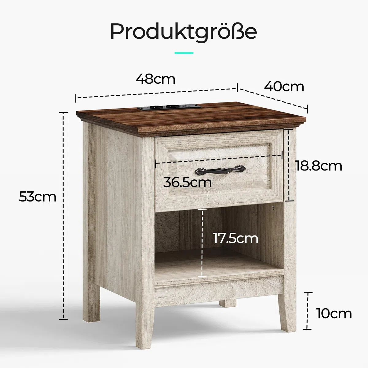 LINSY HOME Nachttisch 2er Set, Farmhouse Holz Nachttisch mit Open Storage Regal, Nachttische mit Steckdose, Beistelltisch Endtisch für Schlafzimmer Wohnzimmer Sofa Couch Büro 48 x 40 x 53 cm, Beige