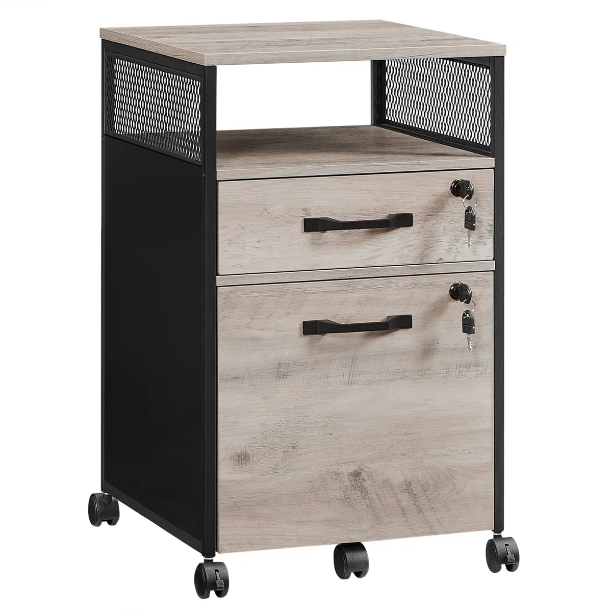 VASAGLE Rollcontainer, Aktenschrank mit 2 Schubladen, mobiler Büroschrank mit Rädern, offenes Fach, Hängeregistratur, Stahlgestell, Industrie-Design, greige meliert-tintenschwarz OFC077B02