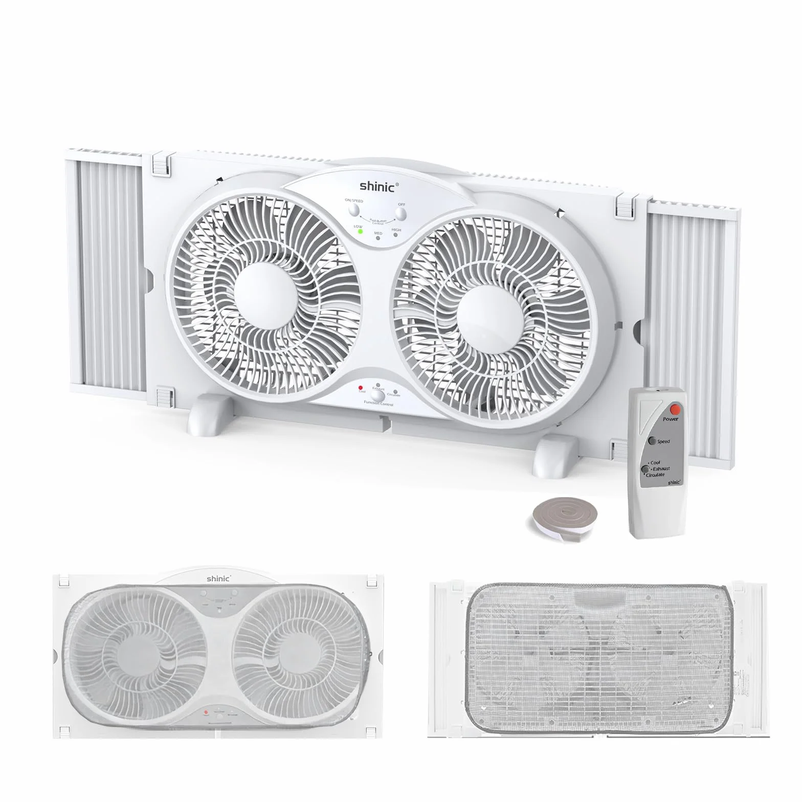 shinic 22,9 cm leiser Fensterventilator mit Fernbedienung – 2026 verbessert, 3 Geschwindigkeiten, wendbarer Luftstrom, inklusive abnehmbarem Insektenschutz, Staubschutz und Schaumstoffdichtband