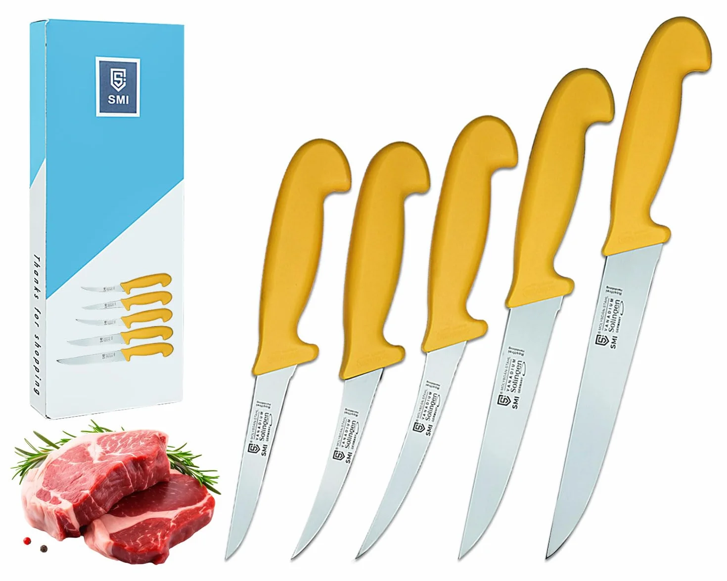 SMI 5 Stück Metzgermesser Set Solingen – Kochmesser, Küchenmesser, Fleischermesser & Ausbeinmesser, Schlachtermesser Set, Deutscher Molybdän Stahl 1.4116, Made in Solingen Germany