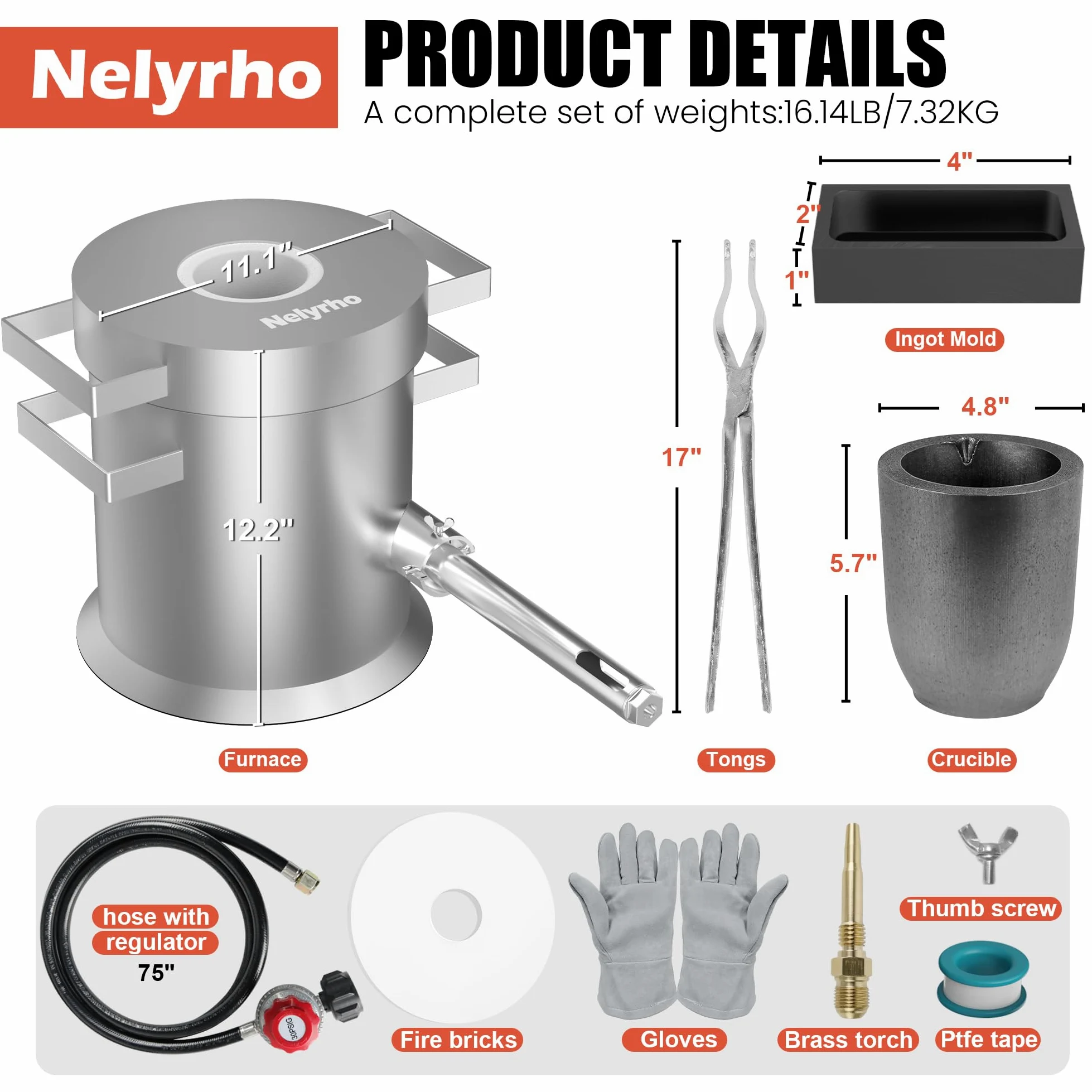 Nelyrho Schmelzofen-Set, 6 kg, Edelstahl-Gießerei mit Tiegel, Tiegelzange, Handschuhen, ideal zum Schmelzen von Gold, Silber, Kupfer und Aluminium, Metall-Recycling-Gusswerkzeug