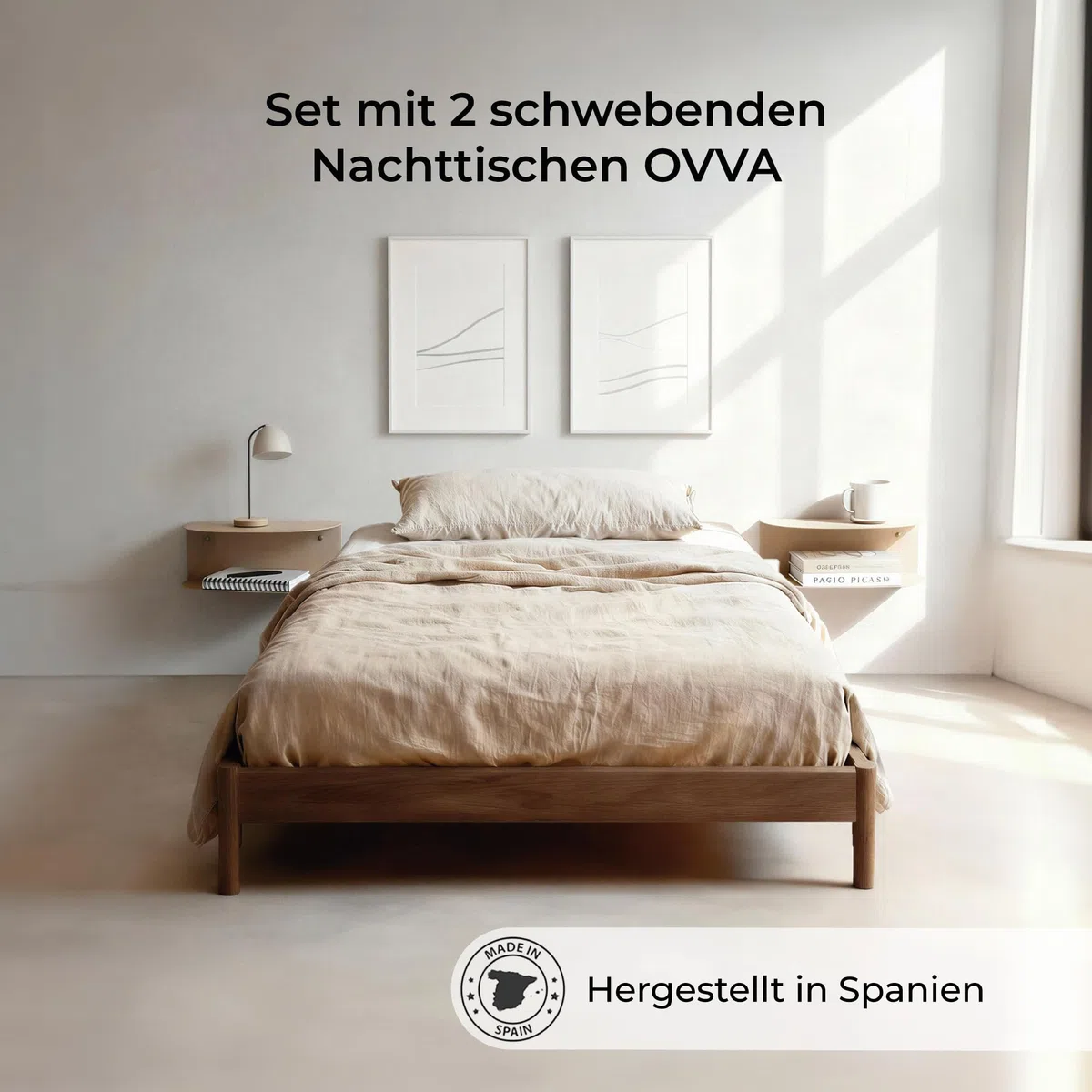 MILUKA Schwebender Nachttisch Hängend 2er Set (2 Stück) aus Metall Beige Sand | 40 x 20 cm, mit 2 Ebenen | Ohne Montage, Wandregal Modern & Konsolentisch