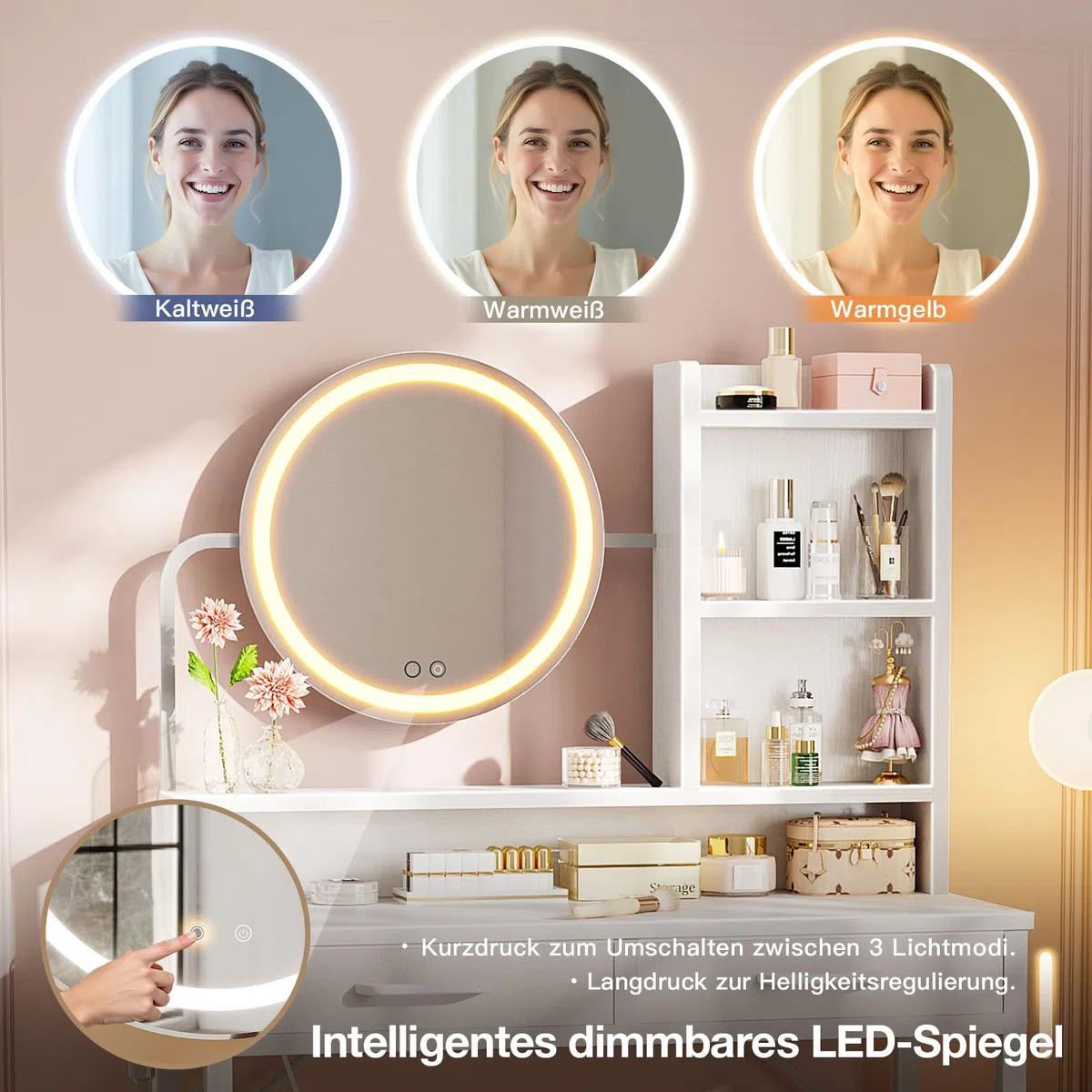 ODK Schminktisch mit LED-Lichtern, Verstellbare Helligkeit & Höhenverstellbar für 120-180 cm, 2 Stoffschubladen, 80×40×136cm, Weiß+Weiß