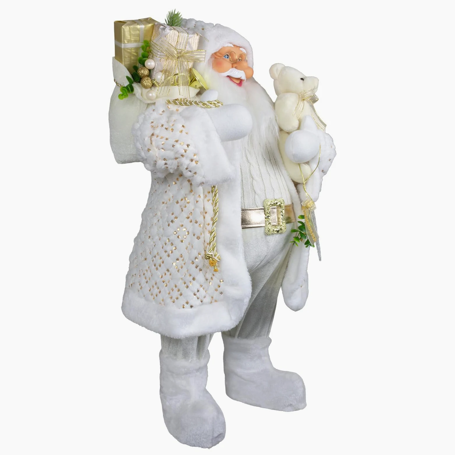 Stehender Weihnachtsmann Deko-Figur | Santa Claus | Nikolaus | Weihnachtsfiguren zum Stellen (Weiß-Gold mit Teddybär, 80 cm)