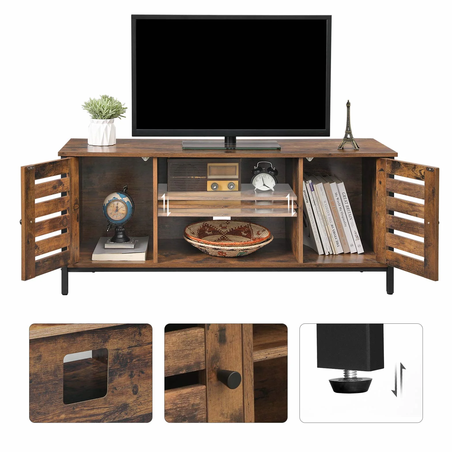 VASAGLE TV-Schrank, Fernsehtisch, Lowboard mit 2 Schränken und 2 Regalebenen, Wohnzimmer, Lamellentüren, Industrie-Design, Vintagebraun-schwarz LTV43BX