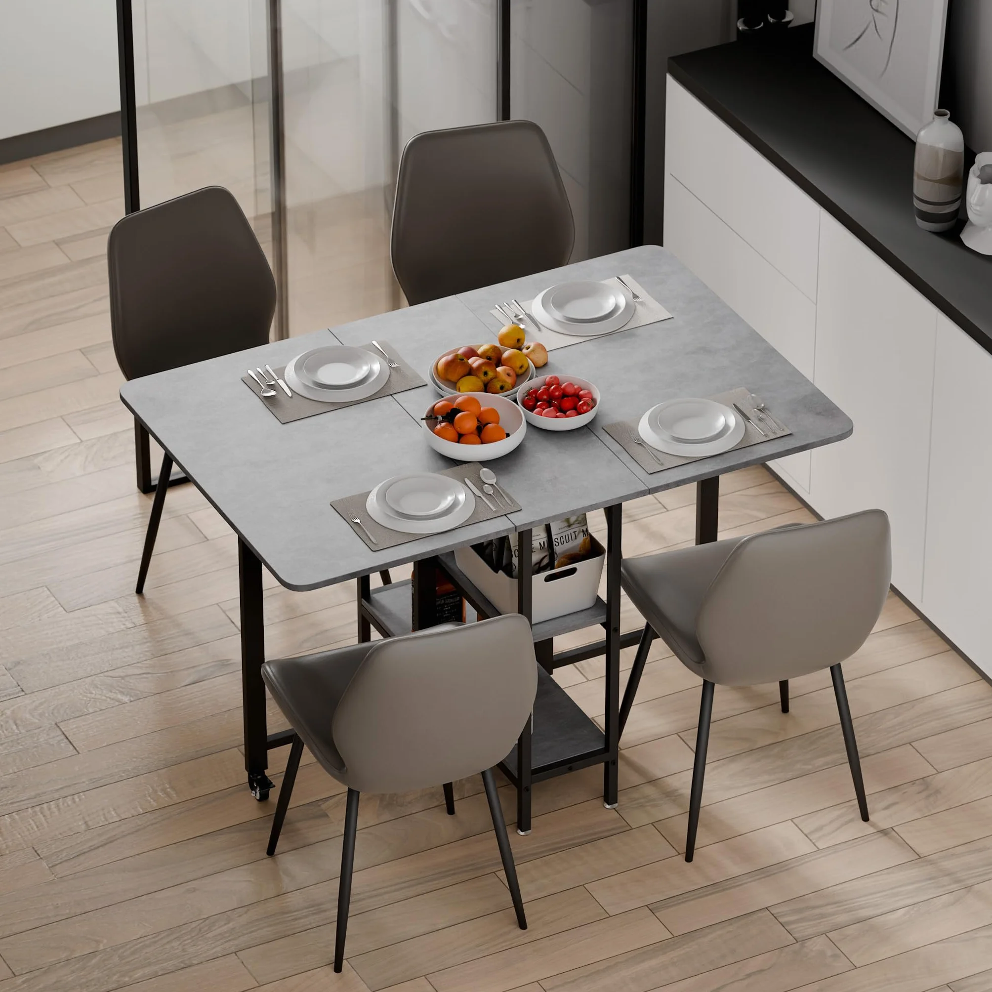 Mondeer Mobiler Klappbarer Esstisch, Klapptisch mit 2 Offenen Ablagen für Kleine Räume Esszimmer Küche, 120 x 80 x 75 cm, Grau