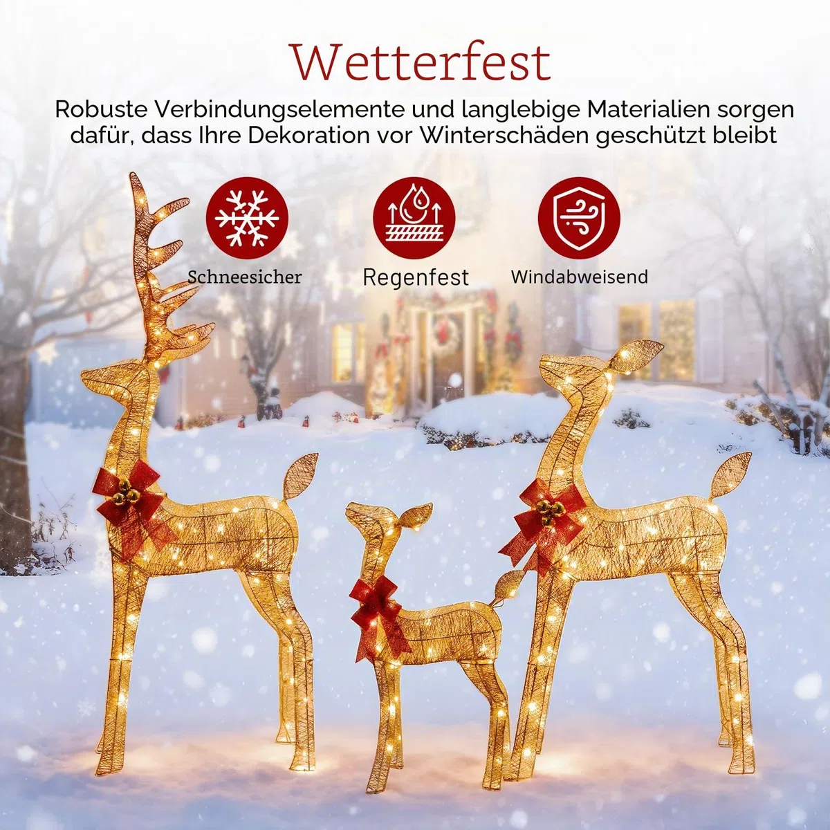 3 Stück Rentier Beleuchtet Aussen,Große Weihnachtsdekoration für den Draußen,mit 360° LED-Licht, Erdspießen, Wasserdicht, Goldfarben, für Hof, Terrasse, Restaurant Weihnachtsdeko