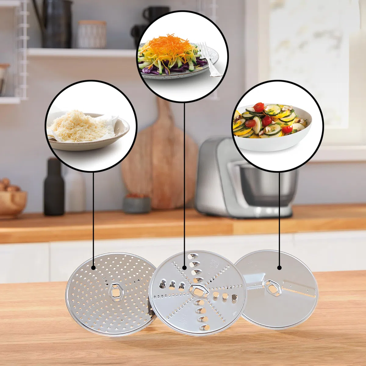 Bosch Zubehör-Set VeggieLove Plus MUZ9VLP1, Multimixer, drei Scheiben (Schneidwendescheibe, Raspelwendescheibe, Reibscheibe mittelfein), Hackmesser, Zitruspresse, für Küchenmaschine Serie 8, OptiMUM