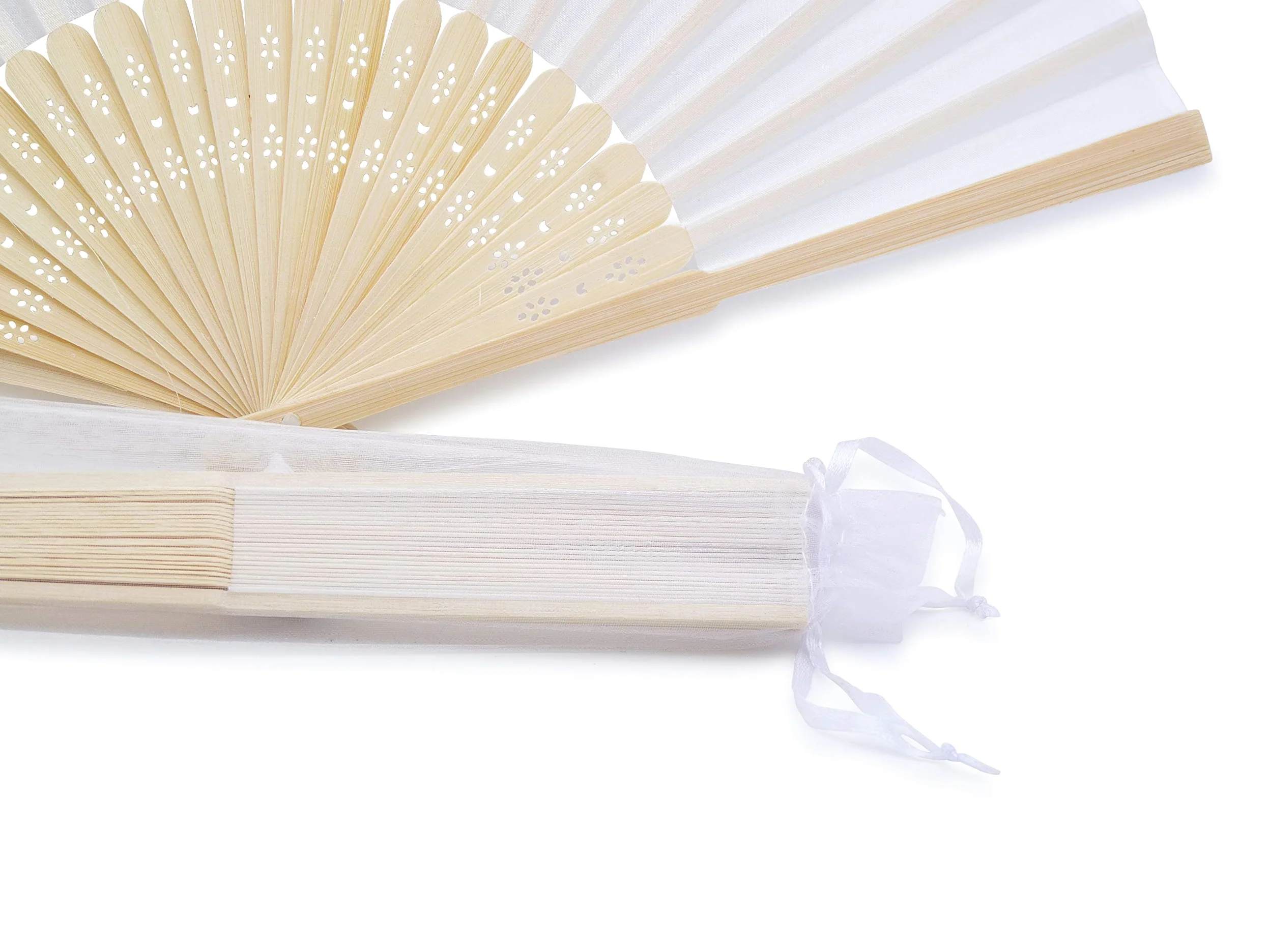 Olilly – 50 Seidenfächer für Hochzeit, Weiß + individuelle Organza-Beutel – Ihr Geschenk für die Gäste weiß