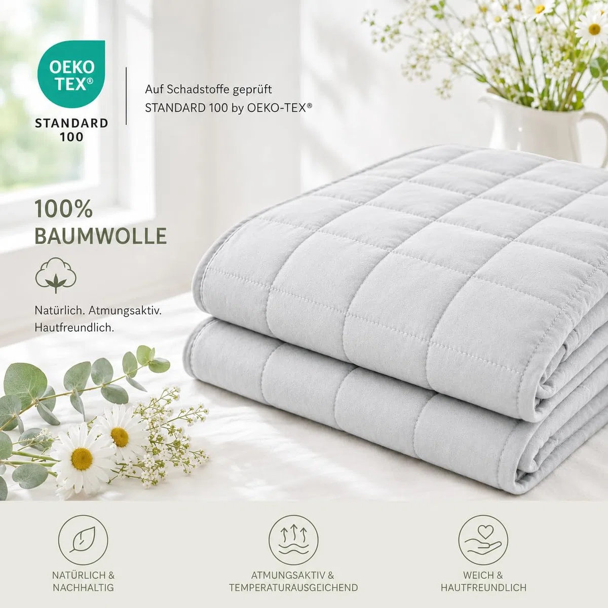 Gewichtsdecke 135x200cm 9kg, Entspannungsdecke 100% Baumwolle Schwere Decke, Weighted Blanket Anti Stress Therapiedecke, Gewichtsdecke Erwachsene zum Besser schlafen, Oeko-Tex Zertifiziert,Hellgrau