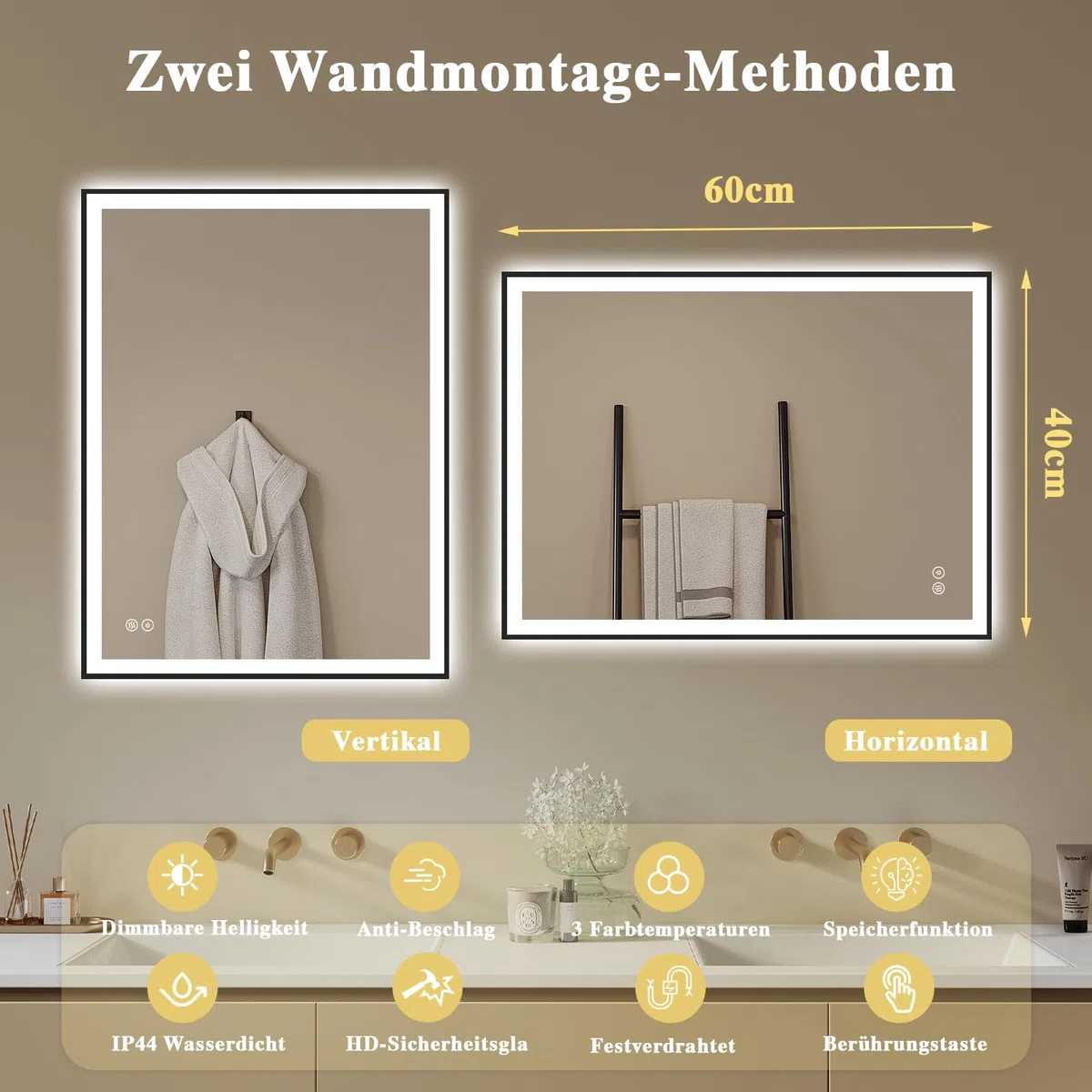 Badspiegel-mit-Beleuchtung 40x60 - Badezimmerspiegel LED Badezimmer Spiegel mit Beleuchtung - Beschlagfrei, Dimmbar, 3 Lichtfarben, Wandspiegel Led-Spiegel-Bad Schwarz Metallrahmen Horizontal/Vertikal