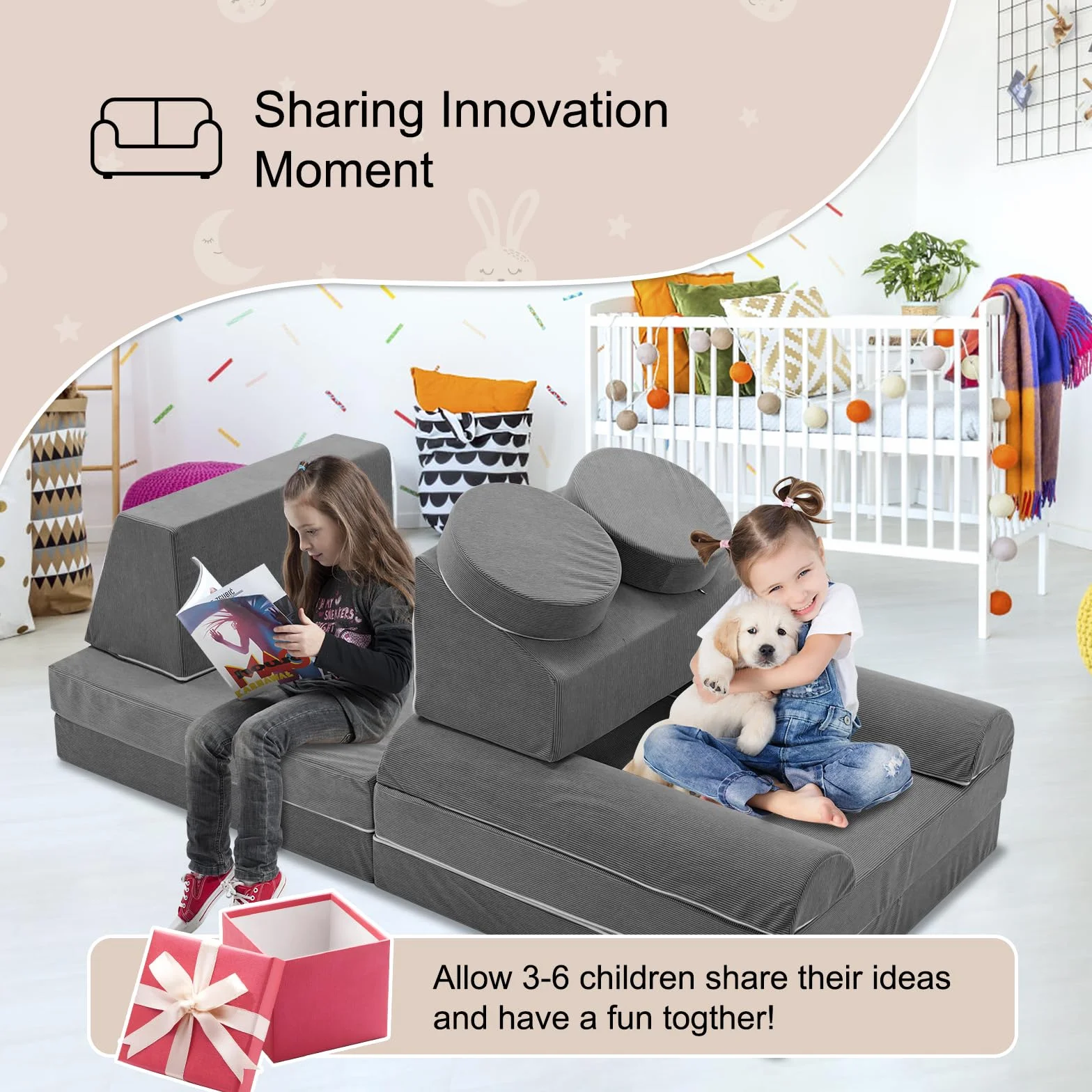 Spielsofa für Kinder,Kindersofa aus 10 Schaumstoff Bausteine, Flexibel Kombinierbare Kinder Couch Modulares Spielsofa zum Spielen, Kreativsein, Schlafen(120CM)