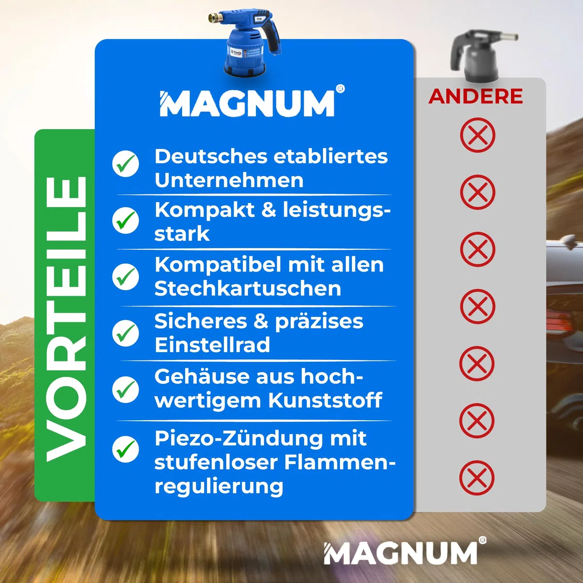 MAGNUM® Lötbrenner [1200°C] – Gasbrenner mit Piezo Zündung und Feinregulierventil – Bunsenbrenner für Löten Auftauen Unkraut entfernen und vieles mehr (4x Gartuschen 190 g)