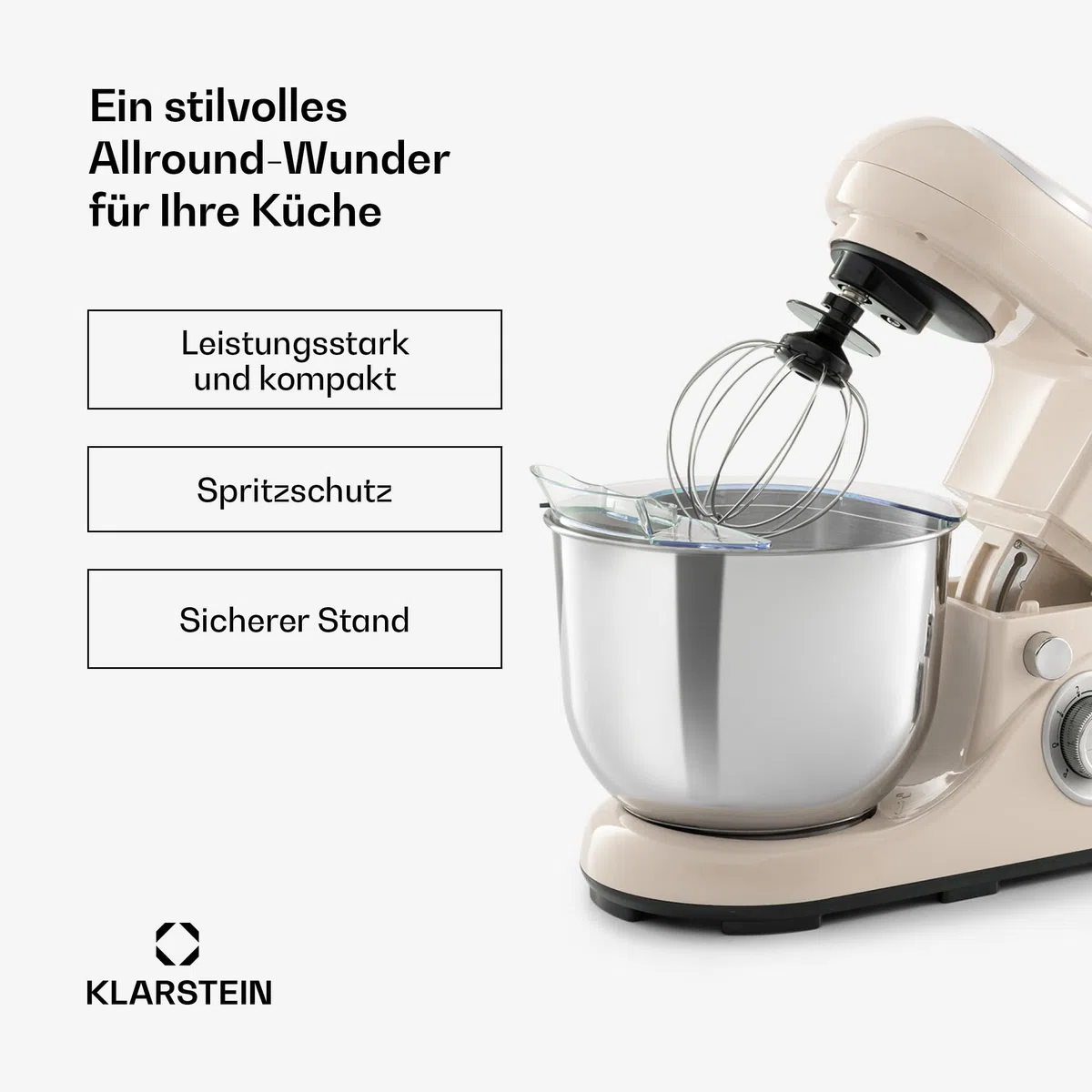 Klarstein Knetmaschine Küchenmaschine zum Backen, 1300W Teigmaschine Klein, 6 Stufen, Schneebesen Rühr- & Knethaken, 5L Schüssel, Planetenrührwerk, Rührmaschine mit Mixer, Küchenmaschinen für Brotteig
