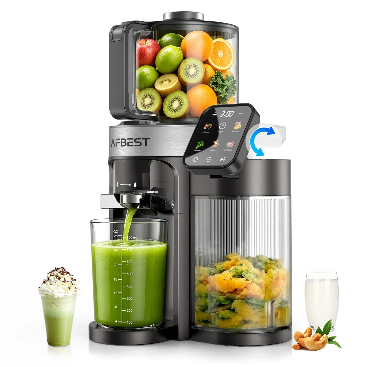 2026 Verbesserter Slow Juicer, Entsafter mit 155 MM Breitem Einfüllschacht und 2,5 L Einfülltrichter, 3-in-1 Smart Touch Juicer Machine für ganze Früchte/Gemüse, Sorbet und Nussmilch (Gray-B)