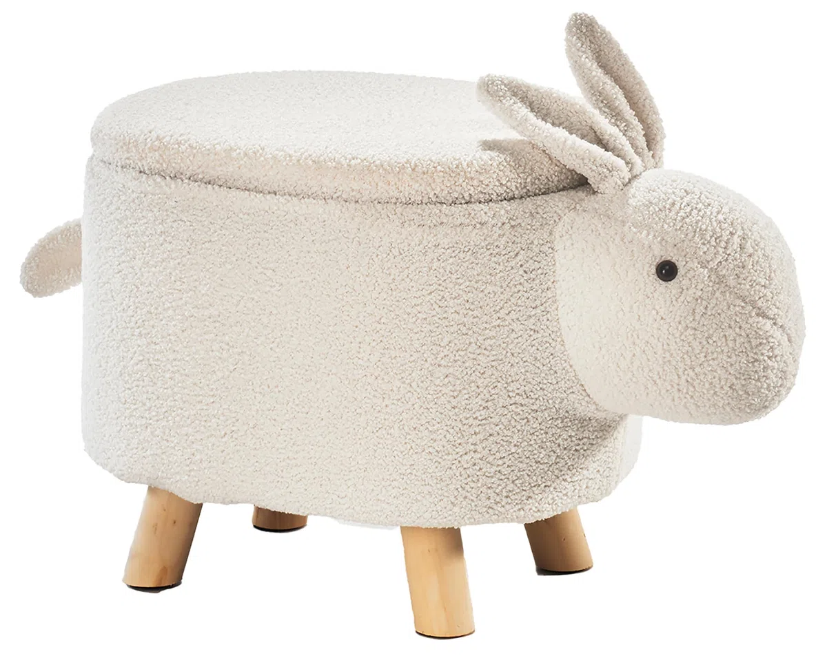 Kobolo Hocker Bunny | weiß 60x35x37 cm | Tierhocker mit Staufach | Bouclé-Teddystoff | Flauschige Sitzgelegenheit & Aufbewahrung im Tierdesign für Kinder