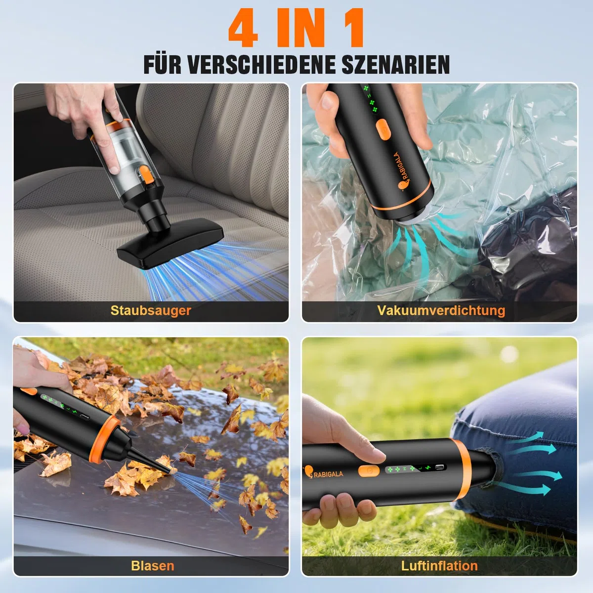 RABIGALA Handstaubsauger Akku 4-in-1, 30000PA Auto Staubsauger Stark mit hoher Leistung, Autostaubsauger Akku Testsieger, 3-Gang 280000 U/min Handstaubsauger Kabellos für Auto, Bürotisch, Tastaturen