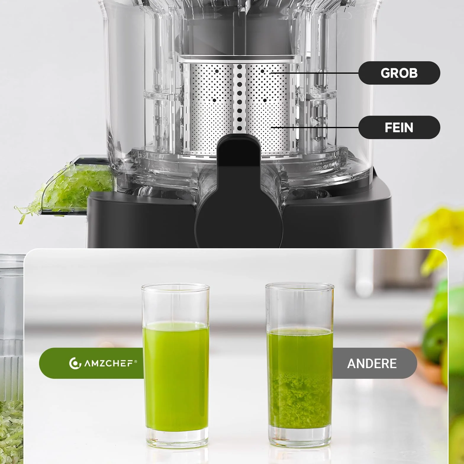 AMZCHEF Leicht zu Reinigender Entsafter mit 2 Gläsern - Slow Juicer