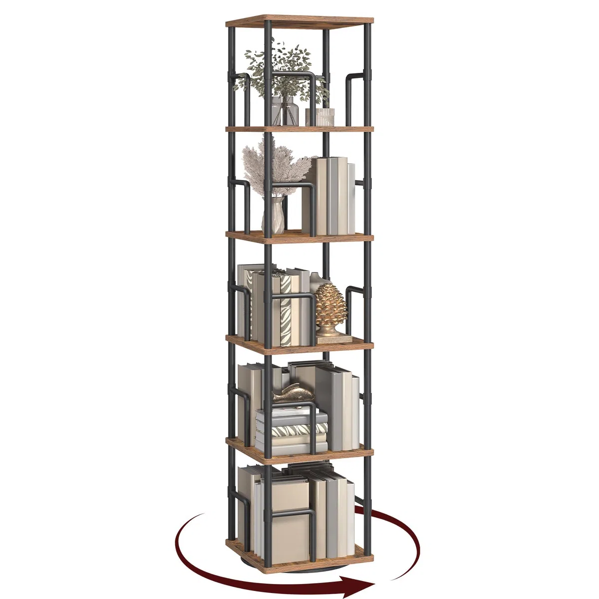 MAHANCRIS Bücherregal mit 5 Ebenen, Drehregal Regal mit Buchstützen, 30 x 30 x 158,7 cm, Standregal für Kleine Räume, Industrie-Design, für Wohnzimmer, Schlafzimmer, Braun und Schwarz ABKHR1601