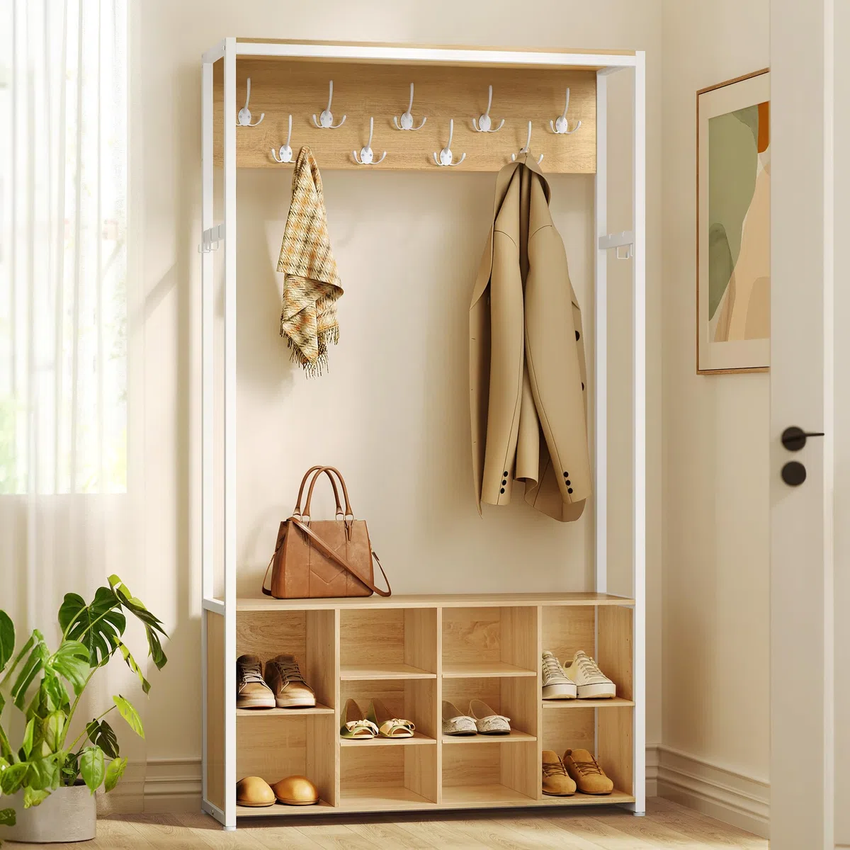 VASAGLE Kleiderständer, Garderobe, Eingangsmöbel mit Schuhregal, offene Fächer, Kleiderhaken, verstellbare Ablagen, modern, für Flur, Eingangsbereich, eichenfarben-weiß HSR432YA01