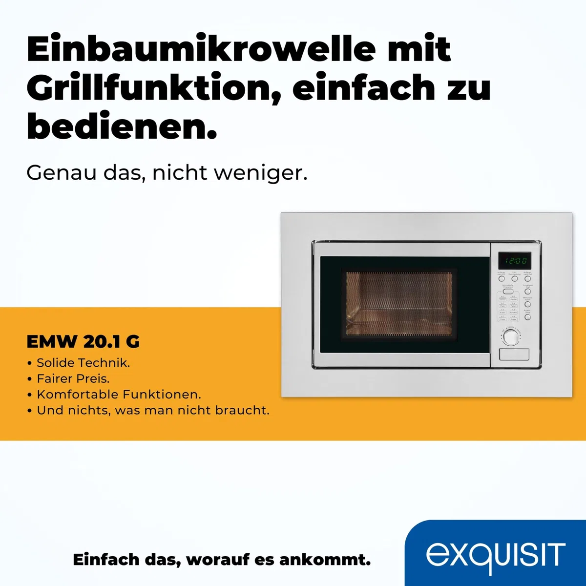 Exquisit Einbaumikrowelle mit Grill, 20 L, 800 W, Inoxlook | Nischenmaß 56 x 36,2 cm - 8 Autokochprogramme - 1000 W Grill - Timer - 5 Leistungsstufen - Drehteller 24,5 cm