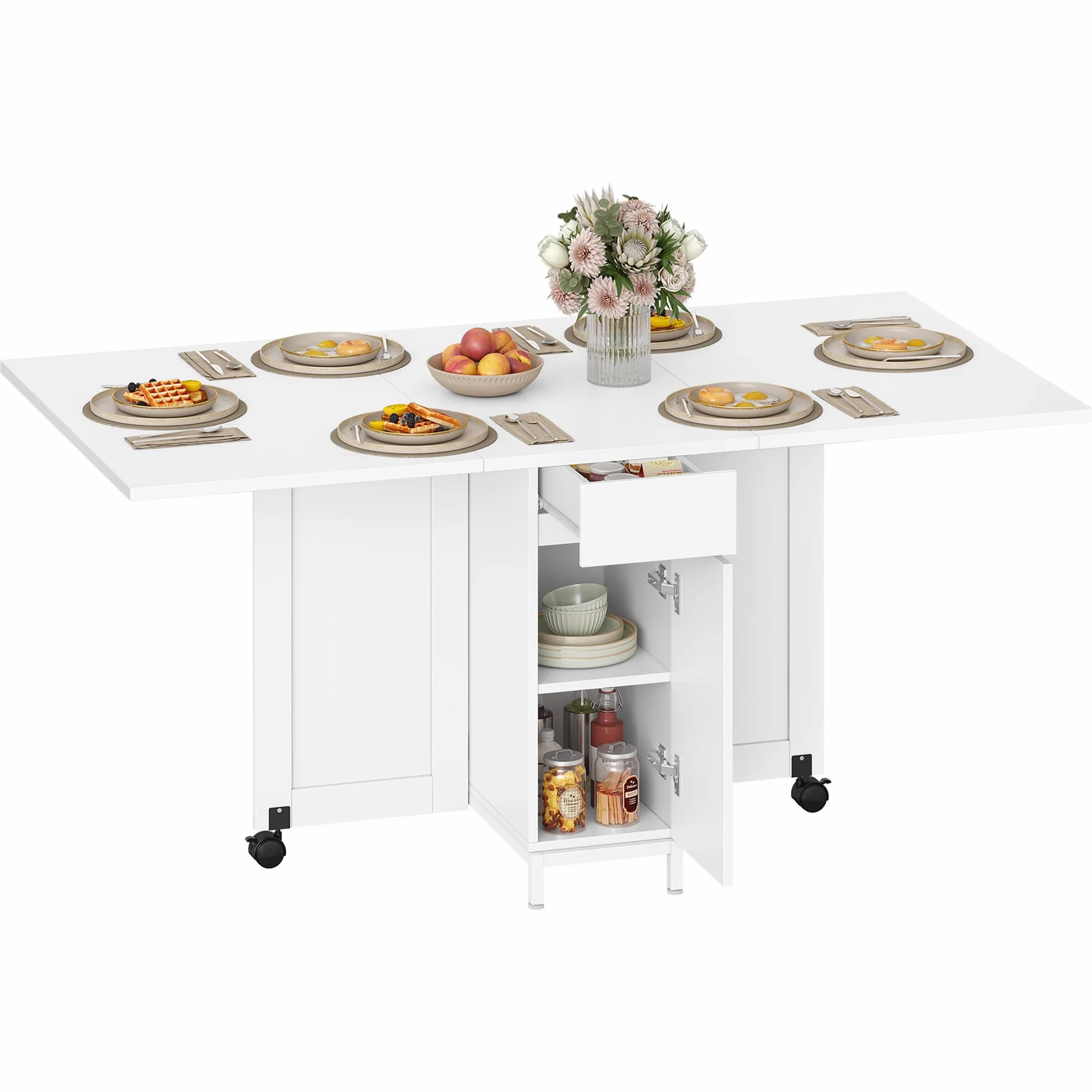 Hzuaneri Esstisch, Klapptisch Esszimmertisch mit Rollen, für 3-6 Personen, Klapptisch mit Schubladen, Schränken und Zweistufigen Offenen Regalen,Geeignet für kleine Räume,Weiß KT14003W