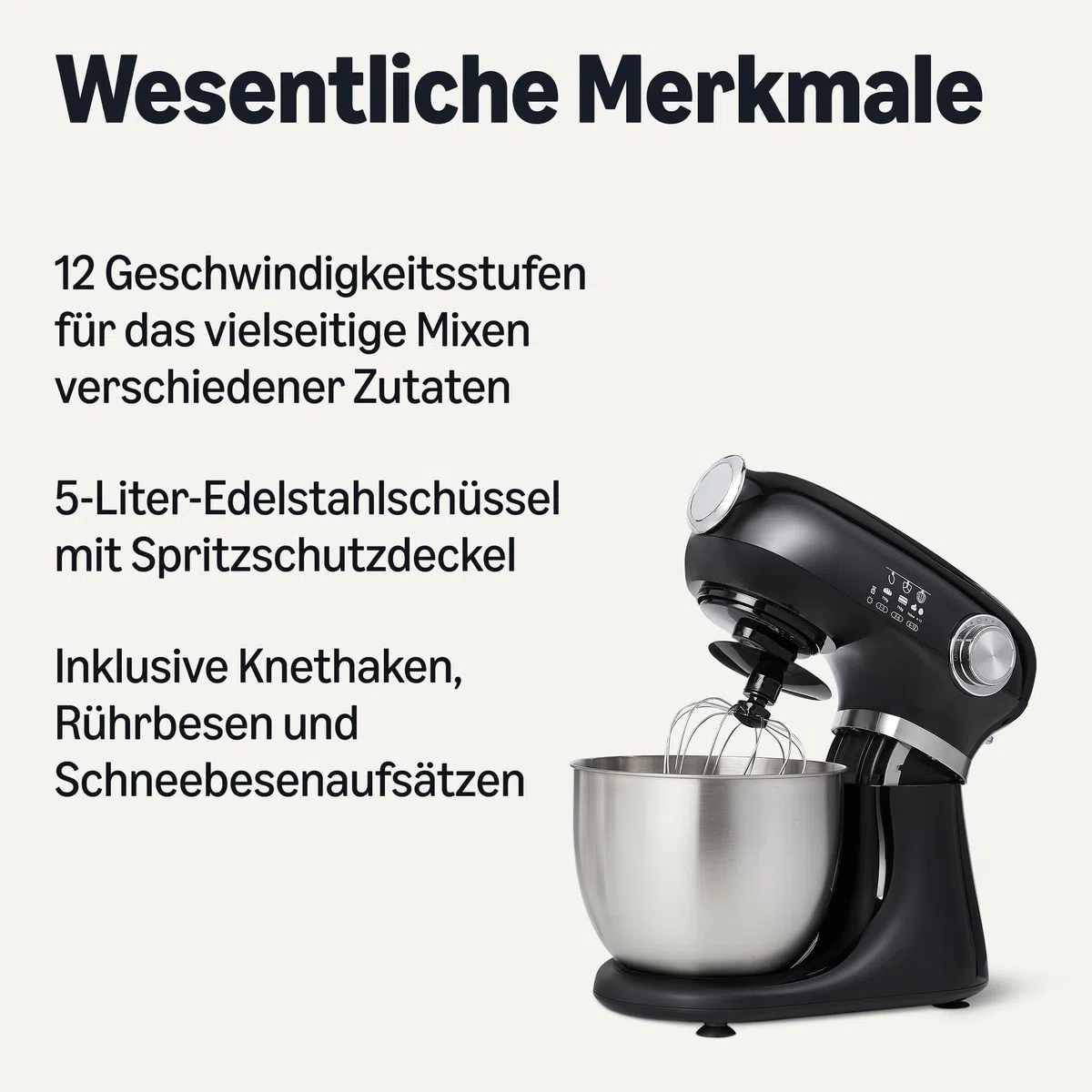 Amazon Basics Küchenmaschine, Knet- und Rührmaschine, 5-l-Schüssel mit 12 Geschwindigkeiten und Puls, 1000 W, Groß, Schwarz