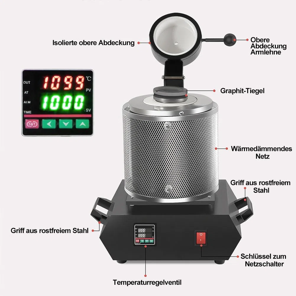 Goldschmelzofen, 1800W 1150°C Elektrischer Digitaler Schmelzofen mit Schutznetz und 3kg Graphit-Tiegel zum Schmelzen von Gold, Silber, Kupfer, Aluminium
