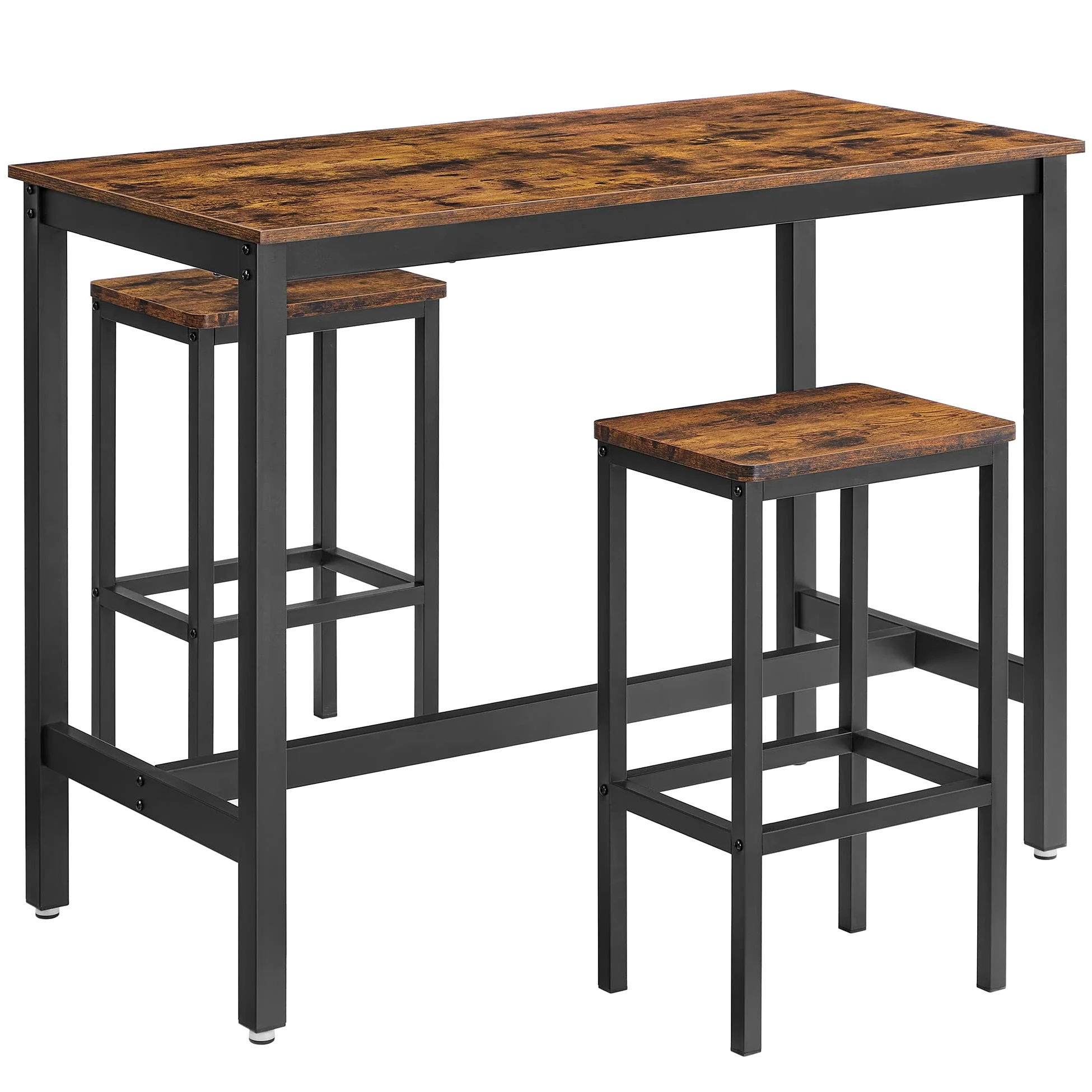 VASAGLE Bartisch-Set, Stehtisch mit 2 Barhockern, 120 x 60 x 90 cm, Küchentresen mit Barstühlen, Küchentisch und Küchenstühle im Industrie-Design, für Küche, vintagebraun-schwarz LBT15X