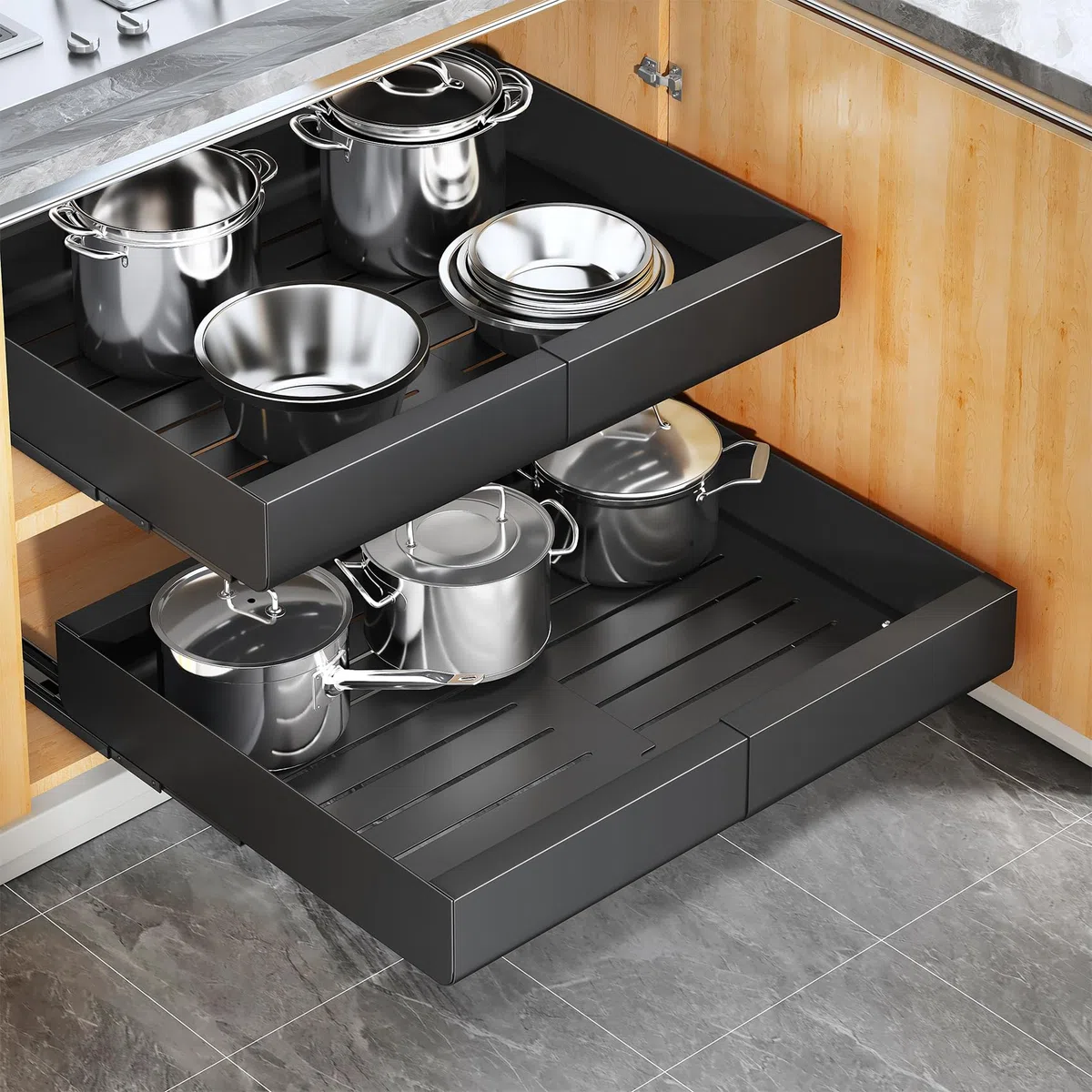 Kitstorack 2x Teleskopschublade mit 3 Führungsschienen - Ausziehbare Schublade für Küche, Bad, Schrank - Montage mit Nanoklebeband oder Schrauben (43x30-50x5,8 cm, Schwarz)