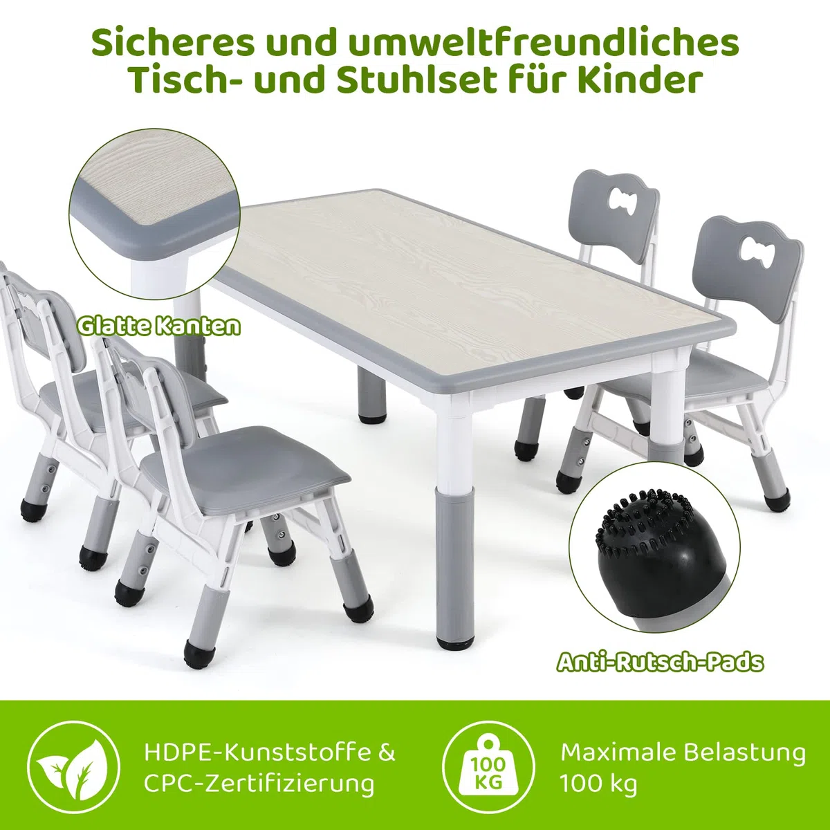 MAMIZO Kindertisch Packung mit 4 Stühlen, Kindertischgruppe Höhenverstellbar, Tisch Stuhl Set für Kindergarten und Kinderzimmer, Plastik Kindermöbel, Sitzgruppe für Jungen Mädchen ab 2 Jahre, Grau