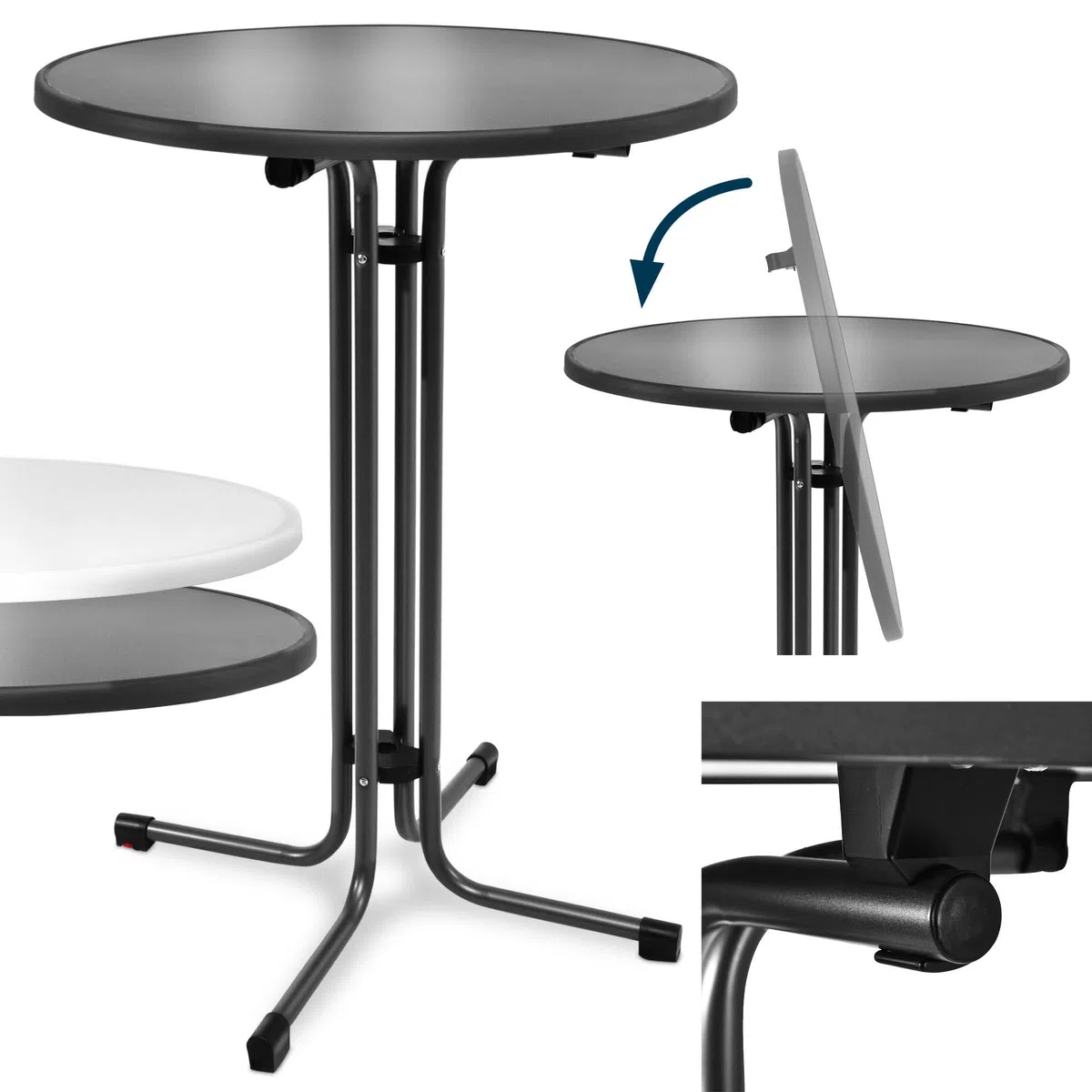 Beautissu Stehtisch klappbar 80 cm Schwarz Bellini – Kratzfest Stabil Wetterbeständig – Stehtische Outdoor Bistrotisch Rund Montage leicht Halterung vormontiert– Biertisch Partytisch Klappbar Bartisch