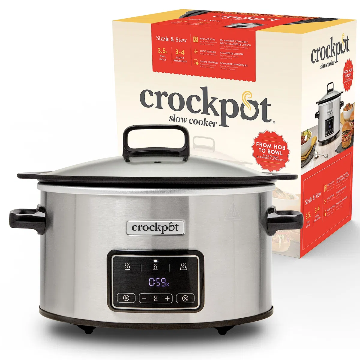 Crockpot Sizzle & Stew Digital-Schongarer Slow Cooker | 3,5 l (3-4 Personen) | Abnehmbare induktionsgeeignete Schüssel für Fleisch und Gemüse | Edelstahl [CSC111X]