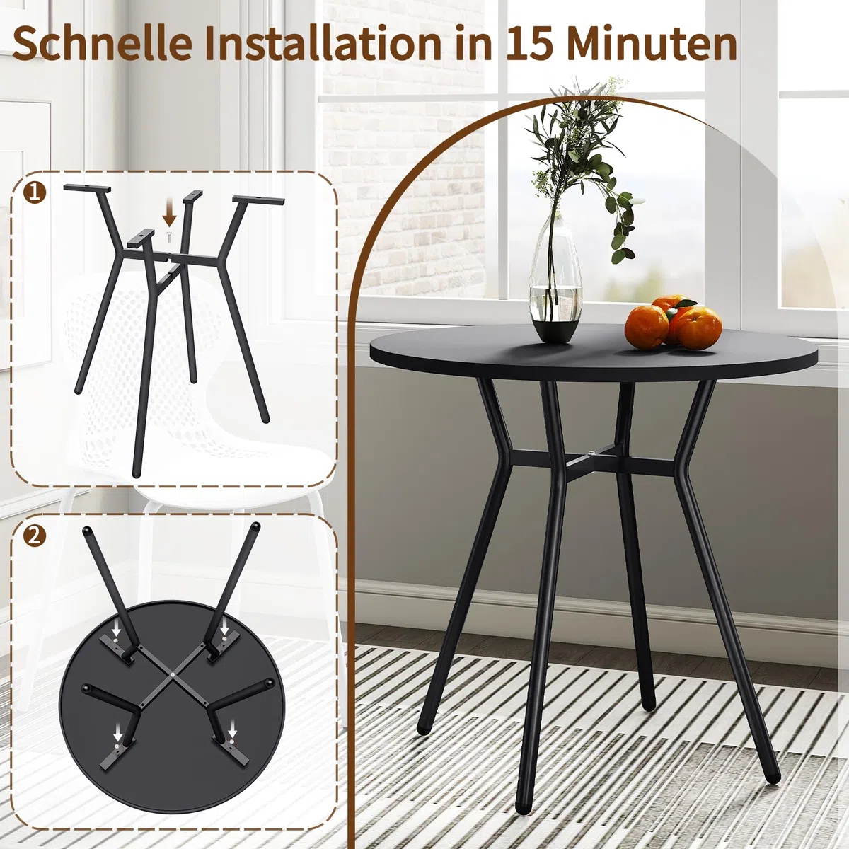 JIJIAN Runder Esstisch für 2-4 Personen, Kleiner Küchentisch 80 x 80 x 75 cm, Metallbeine, ideal für kleine Wohnungen, Küche, Esszimmer, Balkone und Gärten, Schwarz