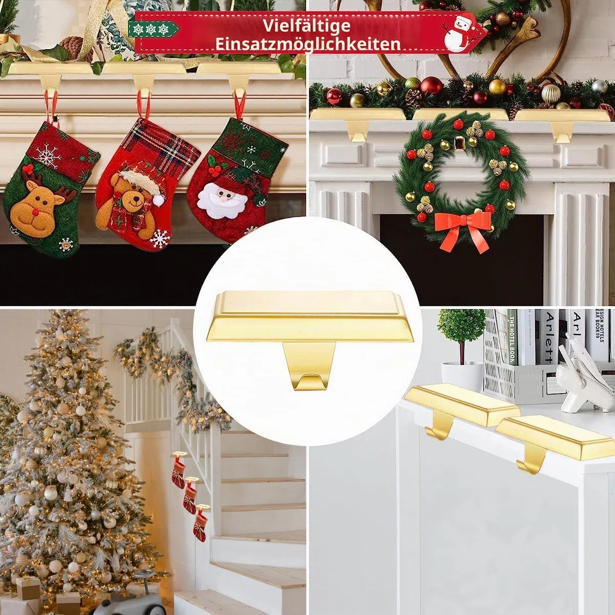 Weihnachtsstrumpfhalter, Kaminstrümpfe, Kleiderbügel, Metall, zum Aufhängen, Strumpfhalter, Basis für Kamin, freistehend, Weihnachten, Party-Dekoration (2 Gold, 2)