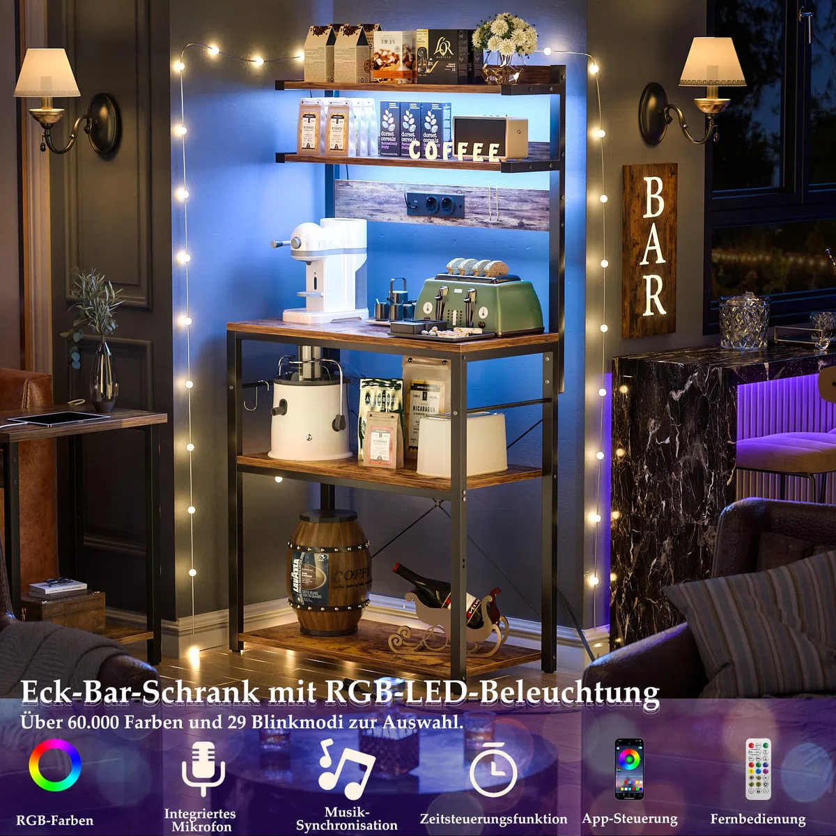 iSunirm Bäckerregal mit Steckdose, Mikrowellenständer, 5-stufige Kaffeebarstation mit LED-Leuchten, Küchenregal mit 6 S-förmigen Haken, Küchenregal für Gewürze, Töpfe und Pfannen, Rustikales Braun