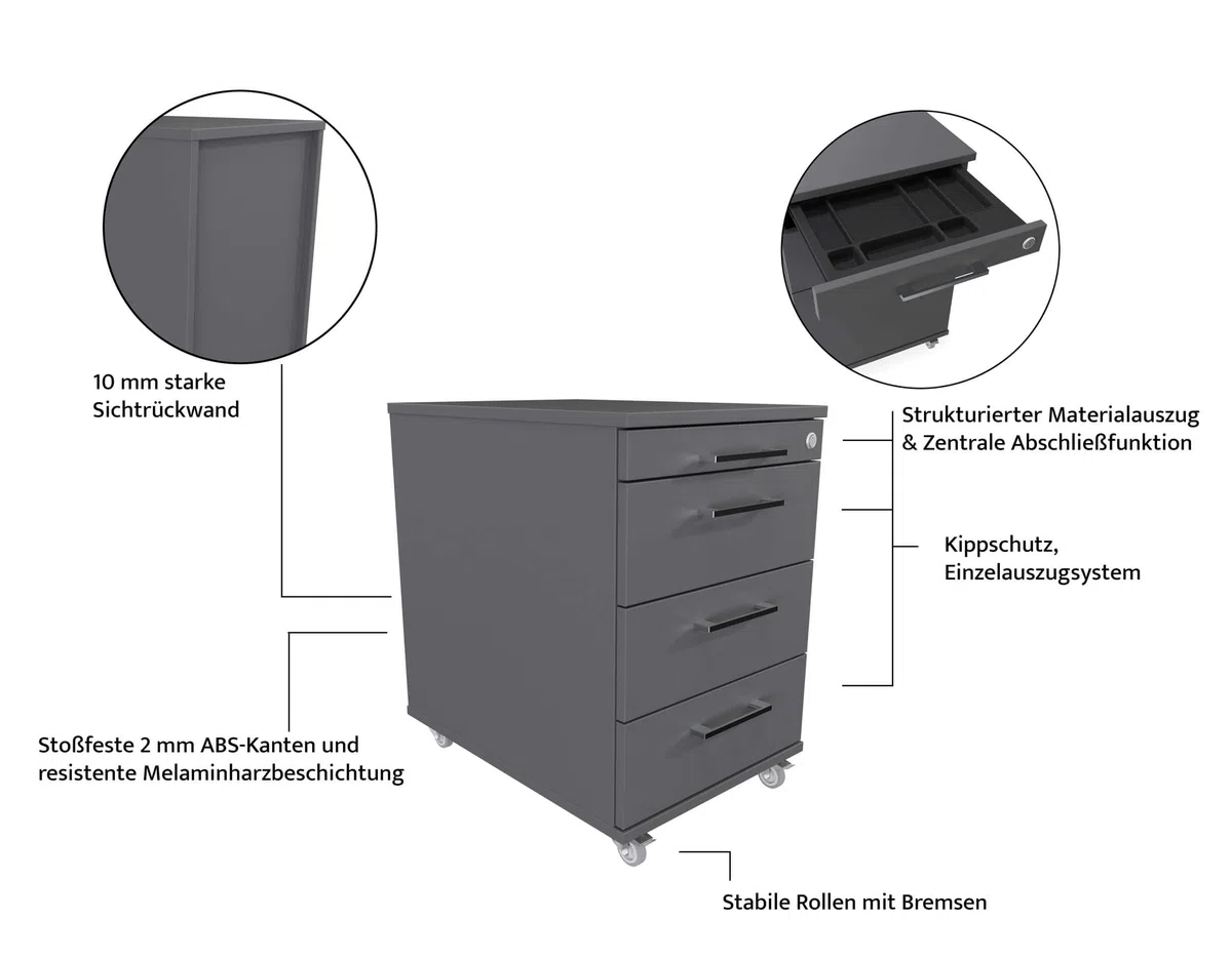 Eigentlich Rollcontainer 80 cm tief, 3 Schubladen und Materialauszug, Rollschrank B43xT80xH65 cm abschließbar, Schreibtischunterschrank versch. Farben (Korpus Weiß, Front Buche)