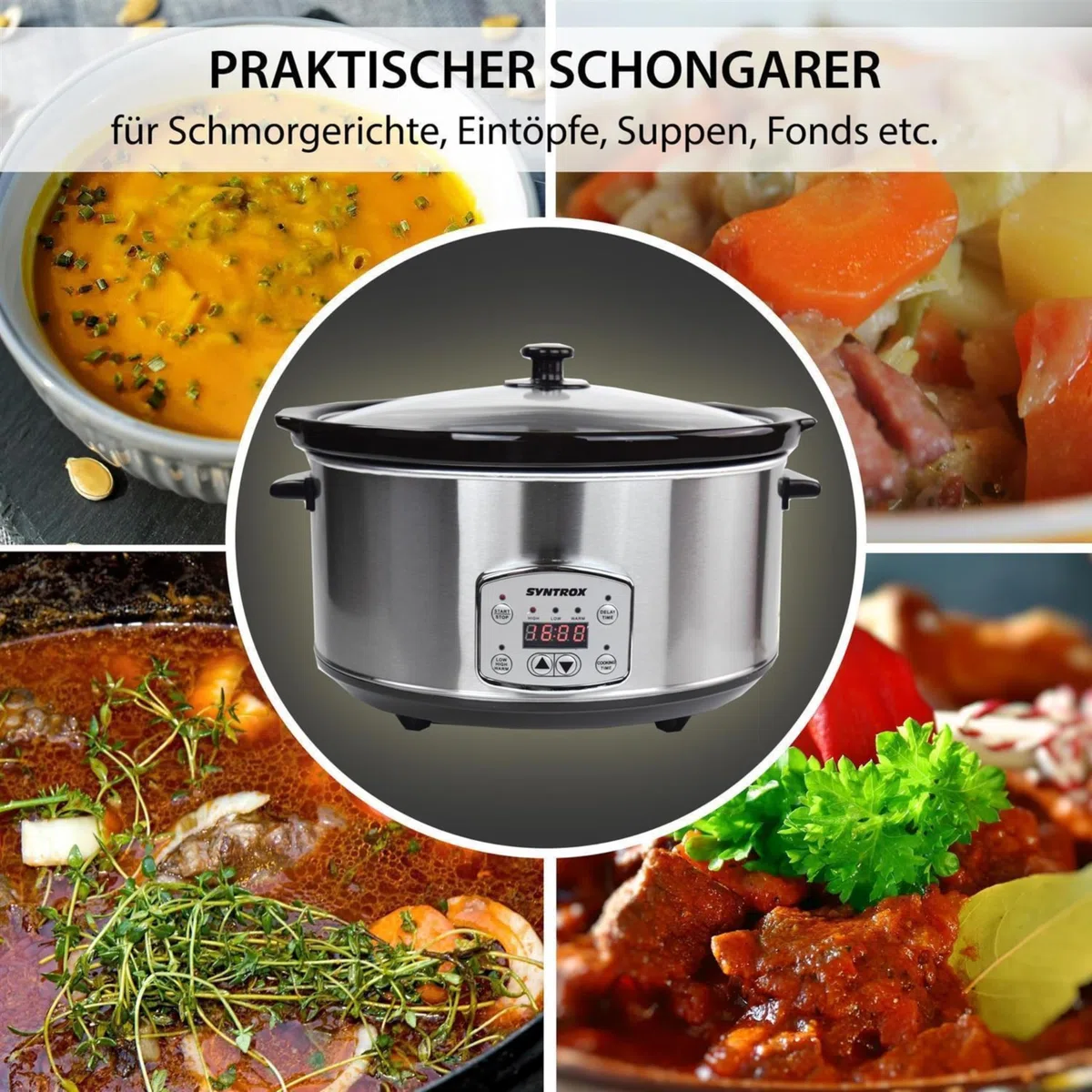 Syntrox Germany 6,5 l Slow Cooker | Schmortopf | Schongarer | Multikocher Solier, Spülmaschinengeeignet, mit Glasdeckel, Küchengerät, 320 Watt, Gesunde Küche