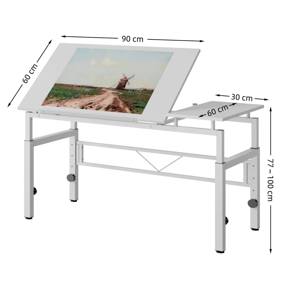 Zeichentisch mit 4 Nivellierfüßen, Schreibtisch mit Verstellbarer Tischplatte(0-60 Grad), Architektentisch, Schülerschreibtisch für Techniker, Architekten, 120x60x77-100cm, Weiß