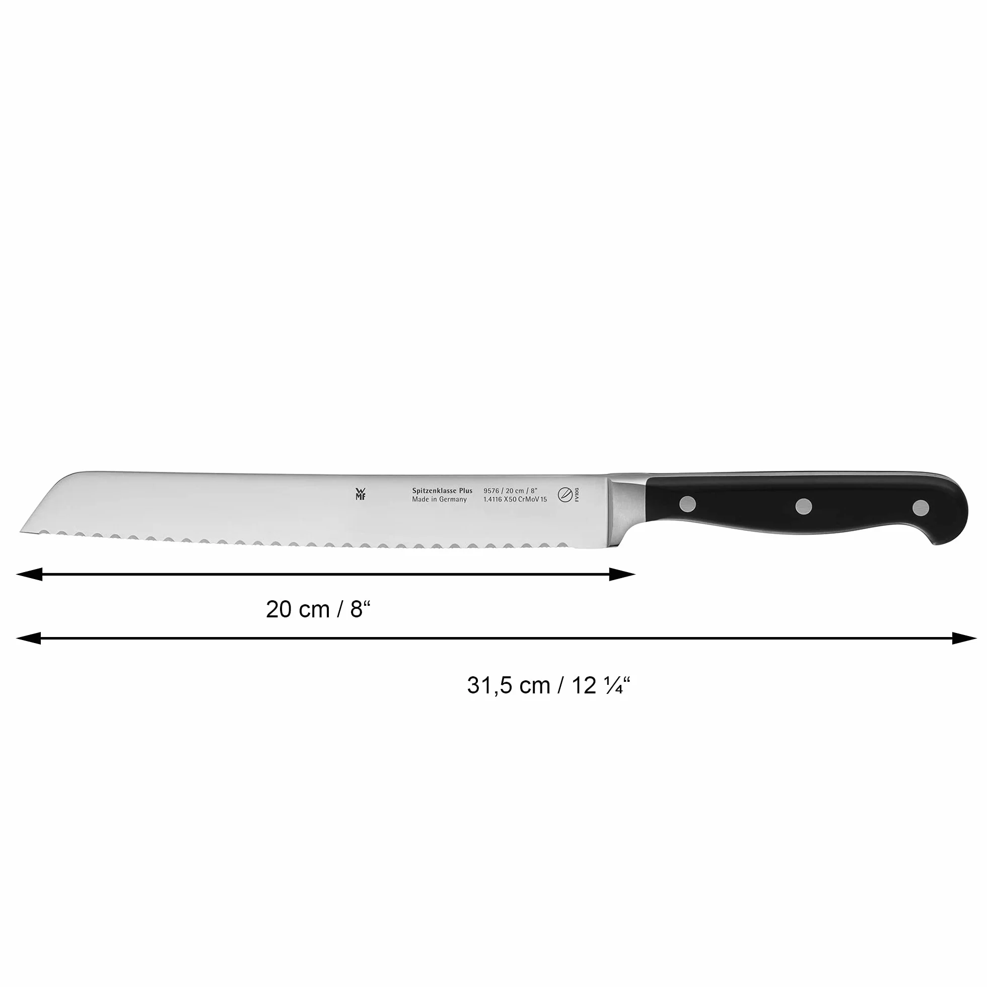 WMF Spitzenklasse Plus Brotmesser Doppelwellenschliff 31,5 cm, Brötchenmesser, Made in Germany, Performance Cut, XL-Griff, Brotmesser Wellenschliff, Klinge 20 cm