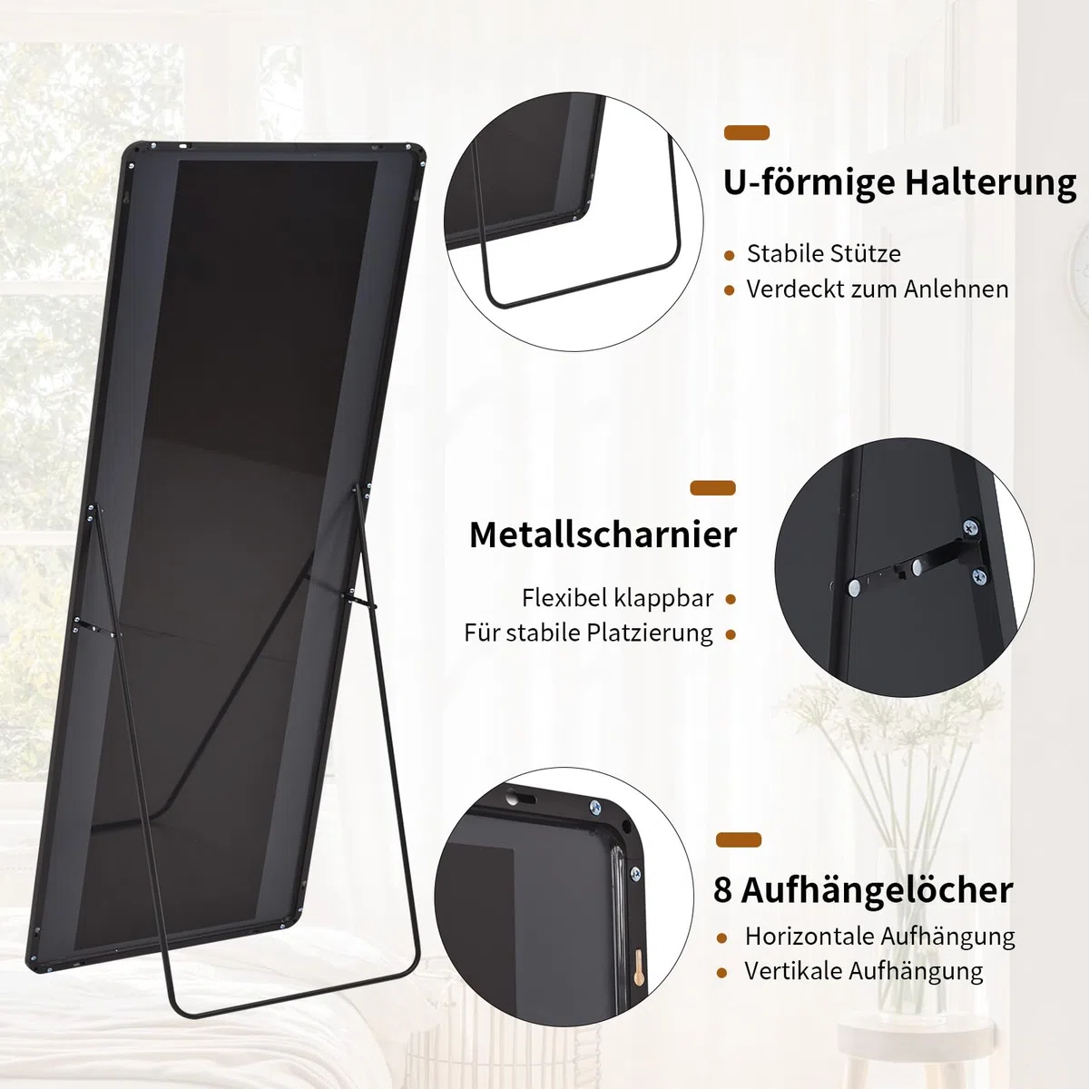 Koonmi Standspiegel mit abgerundeten Ecken, 40 x 150 cm Ganzkörperspiegel mit Ständer, großer Fußboden Standspiegel Ganzkörperspiegel Wand Hänger für Schlafzimmer, Wohnzimmer, Schwarz