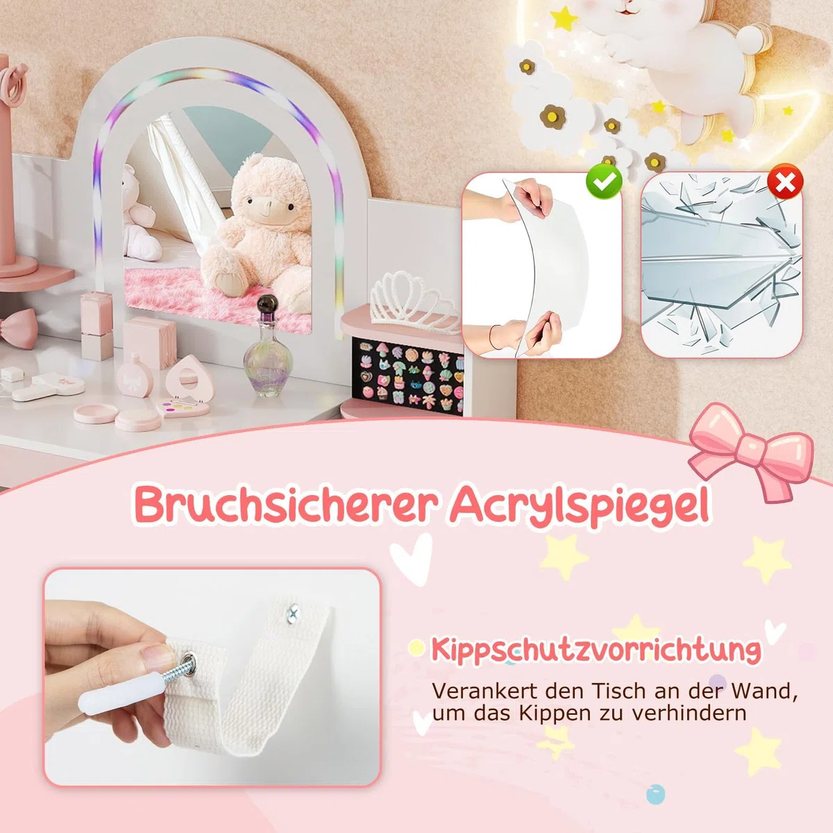 FANTASK 2 in 1 Schminktisch Kinder Set, Schreibtisch Holz mit Buntem Spiegel & Bücherregal, Prinzessin Frisiertisch mit Regalen, Schmuckhalter & Stoffbox, Kosmetiktisch für Mädchen ab 3 Jahren (Weiß)