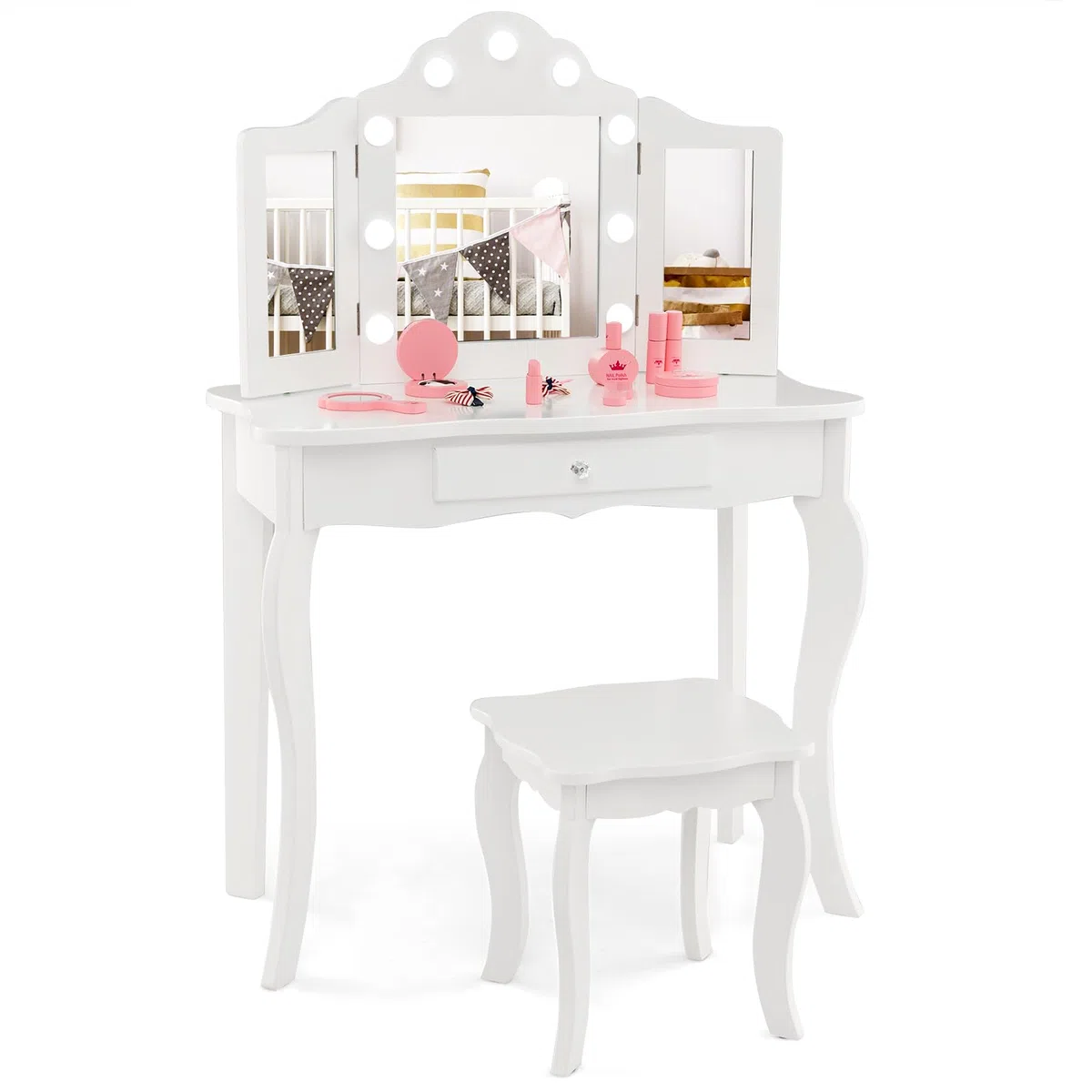 COSTWAY 2 in 1 Kinder Schminktisch mit Beleuchtung, Frisiertisch mit LED-Leuchten, klappbarem Spiegel & Schubladen, Kosmetiktisch Prinzessin für Kinder Mädchen(Weiß)