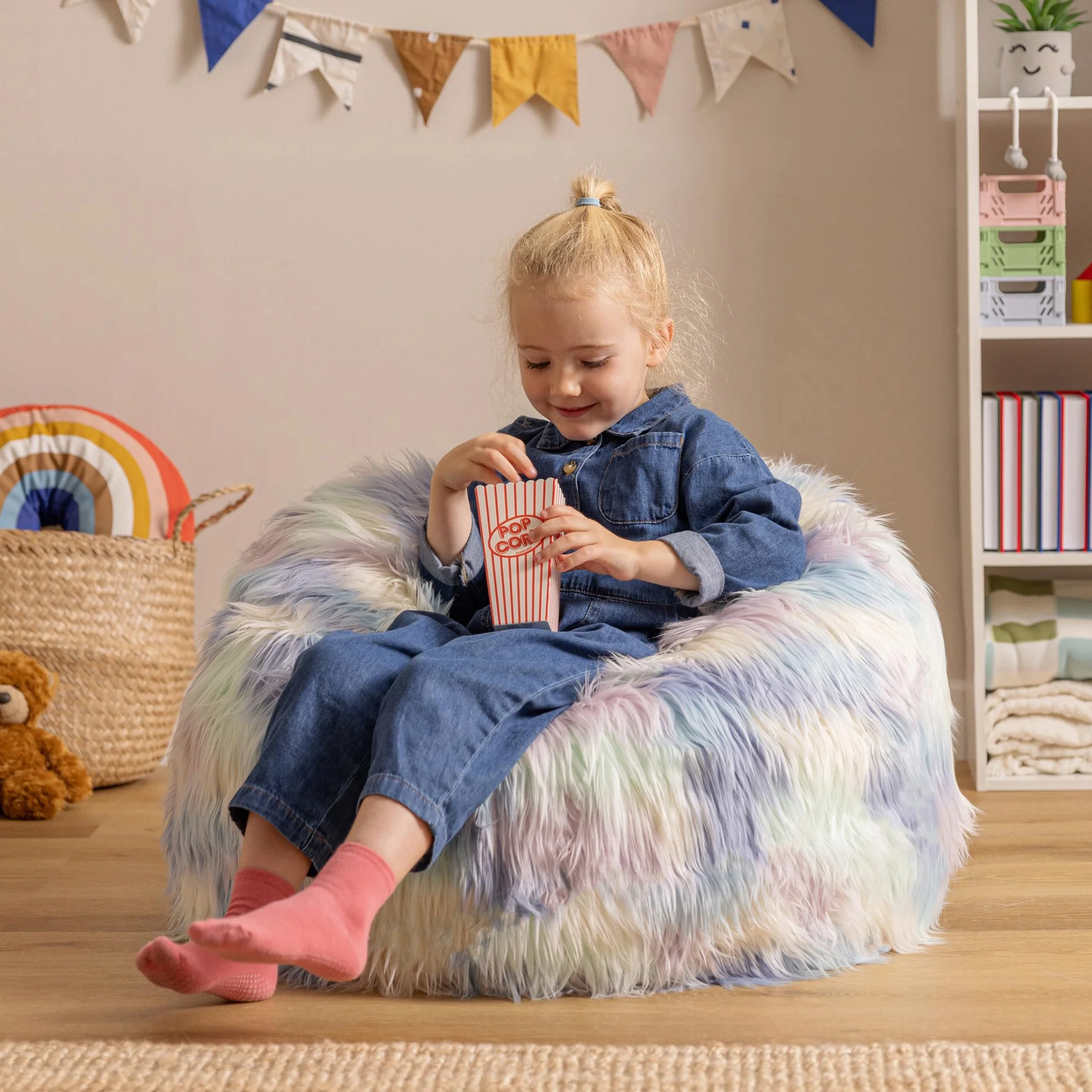 Icon Kingston Sitzsack Kinder, Unicorn, Flauschiger Kunstpelzstoff, Sitzsack Flauschig mit Füllung, Bequemer Kinder Sessel, Kuschelsessel, Lese Sessel, Schlafzimmer, Kinderzimmer, Spielzimmer
