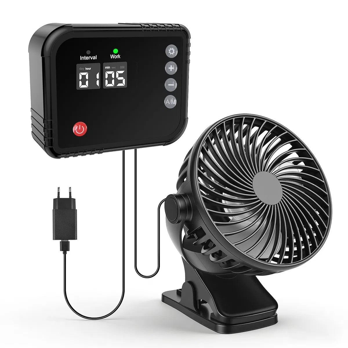Growbox Ventilator mit Timer, 360° Umluftventilator für Pflanzen, LED Display, 1–60 Min Laufzeit & 1–24 Std Intervall, 2,9 m Kabel, Pflanzenventilator für Gewächshaus, Terrarium und Kleintiergehege