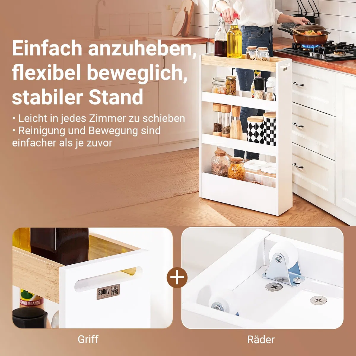 SoBuy Nischenschrank 15 cm Breit Rollwagen Schmal Küchenregal mit Rollen, Platzsparendes Nischenregal für Küche & Badezimmer, Ideale Lösung für kleine Räume, Apothekerschrank Küche 80x50x15 cm NSR12-W