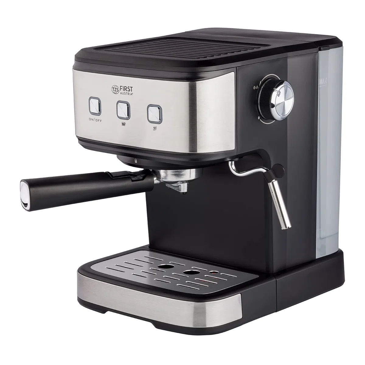TZS First Austria Espresso Siebträgermaschine elektrisch, mit professionellem Milchschäumer, tauglich für Pads, 1,5 L Wassertank, inkl. 2-in-1 Messlöffel und Tamper, Edelstahl/Schwarz