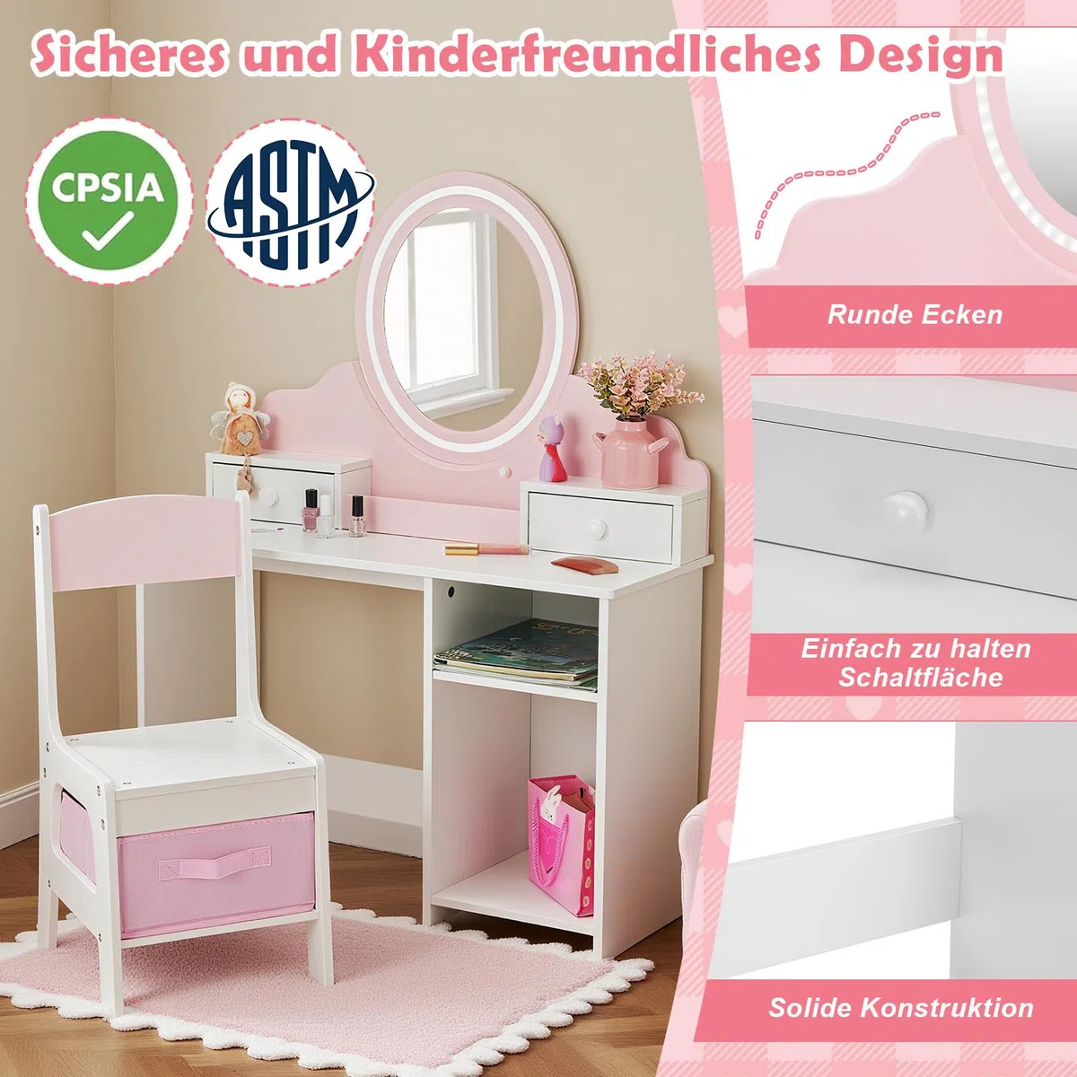 JOYLDIAS 2 in 1 Schminktisch Kinder mit Hocker und LED-Spiegel, Prinzessin Frisiertisch Schreibtisch mit Schublade, Regal und Körbchen, Kinder Schminktisch für mädchen ab 3 Jahre, Rosa